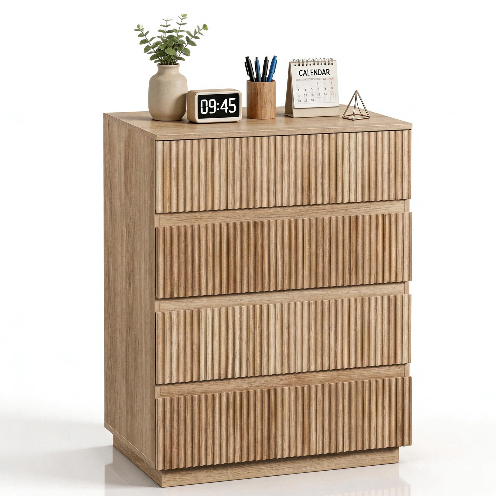 Handleless Grille-Finished 4-Drawer Bedside Table P2 Particleboard + MDF & Melamine Veneer + Thermoformed Drawer Dresser 23.62*14.96*30.71in Oak view 3