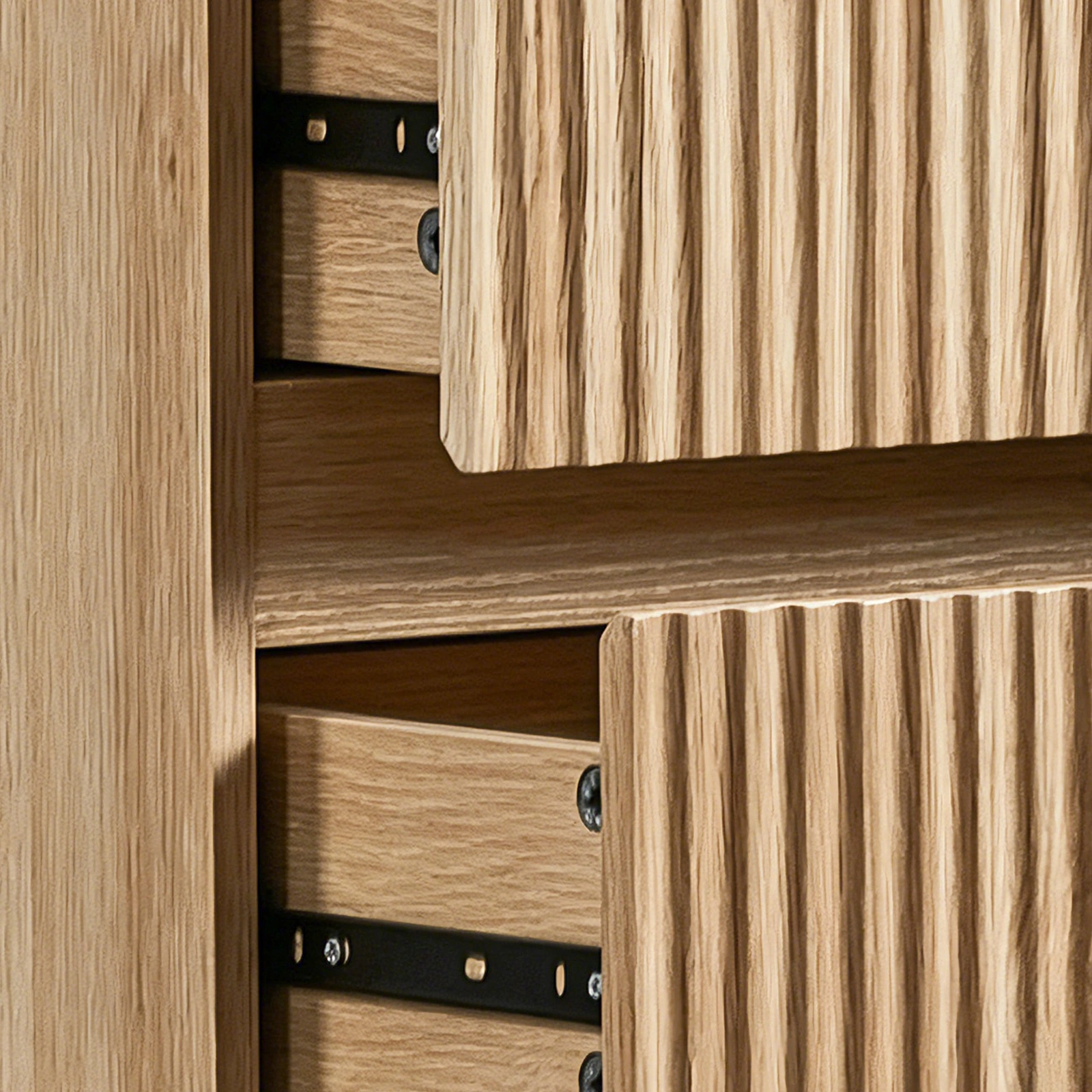 Handleless Grille-Finished 4-Drawer Bedside Table P2 Particleboard + MDF & Melamine Veneer + Thermoformed Drawer Dresser 23.62*14.96*30.71in Oak view 9