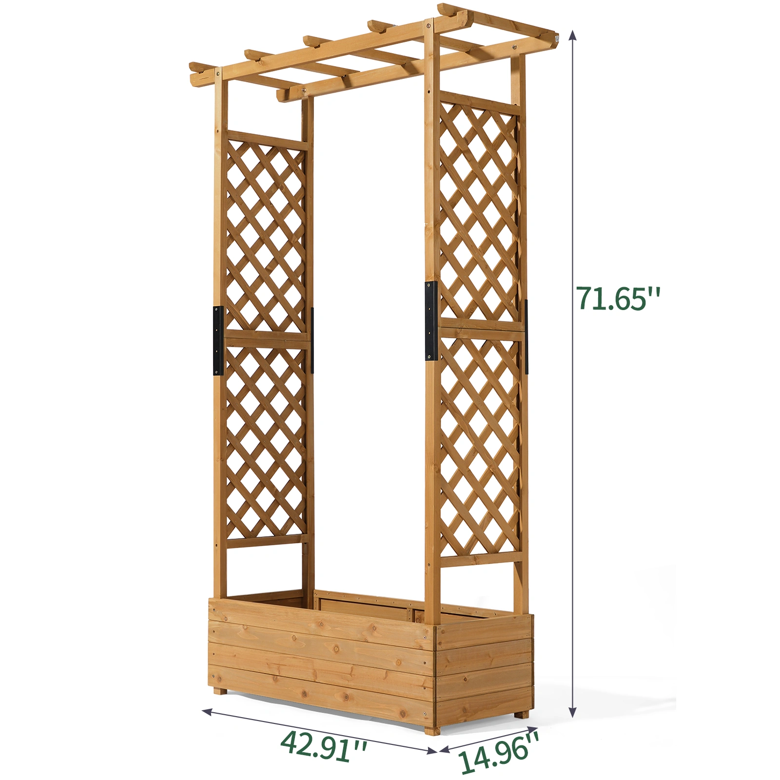 Raised Garden Bed with Trellis, Hanging Roof, Planter Box, Drainage Holes, Vertical Plant Container for Vine Climbing Plant Flower, Standing Wood Planter for Garden Patio Yard, Teak view 2