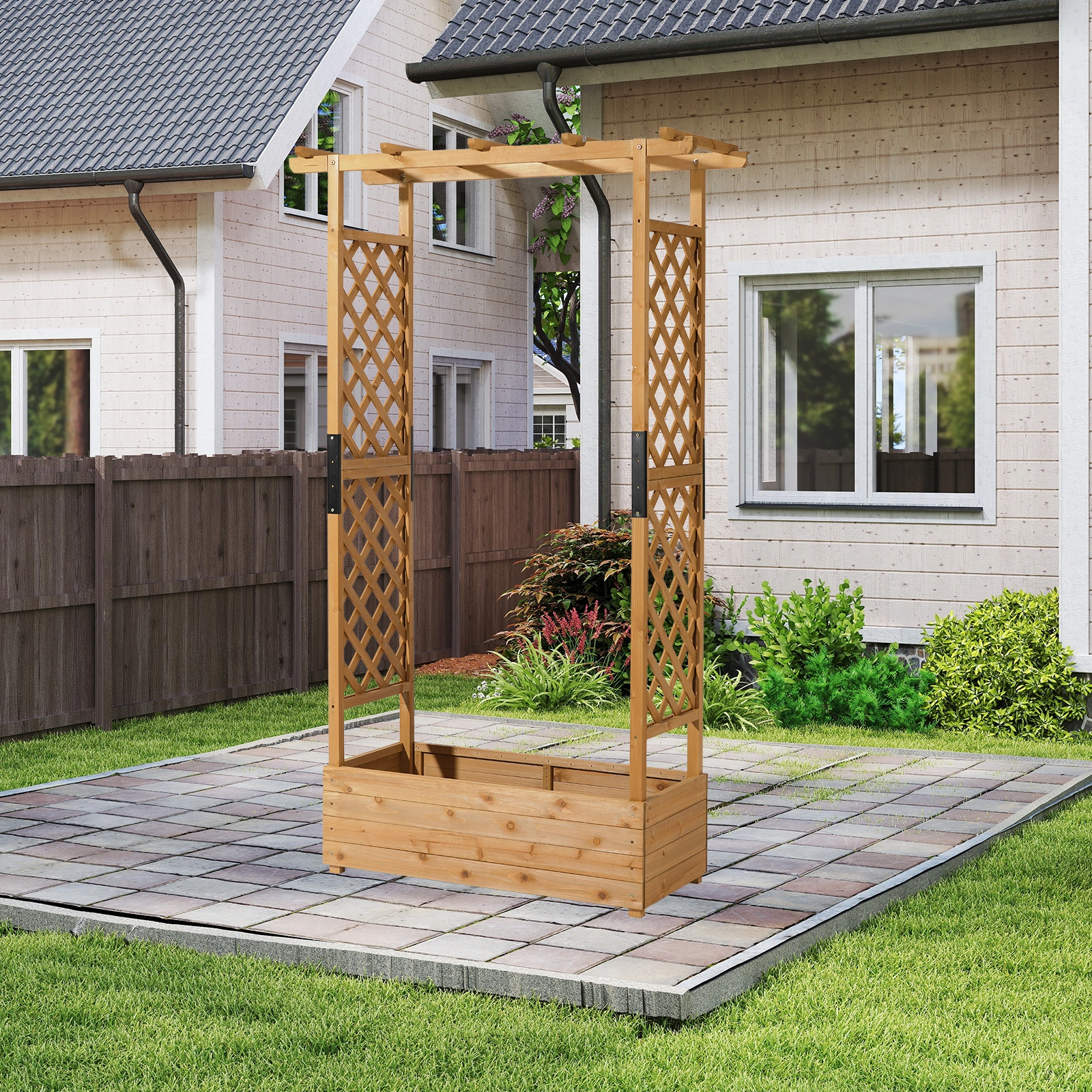 Raised Garden Bed with Trellis, Hanging Roof, Planter Box, Drainage Holes, Vertical Plant Container for Vine Climbing Plant Flower, Standing Wood Planter for Garden Patio Yard, Teak view 6