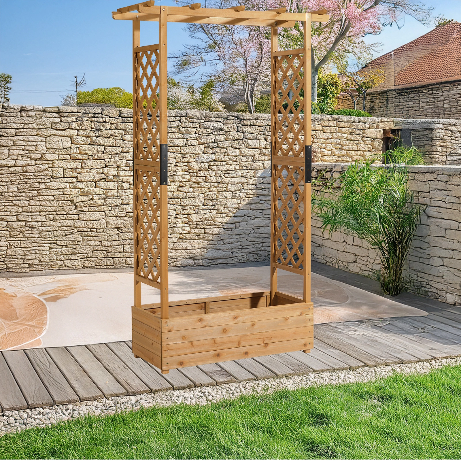 Raised Garden Bed with Trellis, Hanging Roof, Planter Box, Drainage Holes, Vertical Plant Container for Vine Climbing Plant Flower, Standing Wood Planter for Garden Patio Yard, Teak view 8