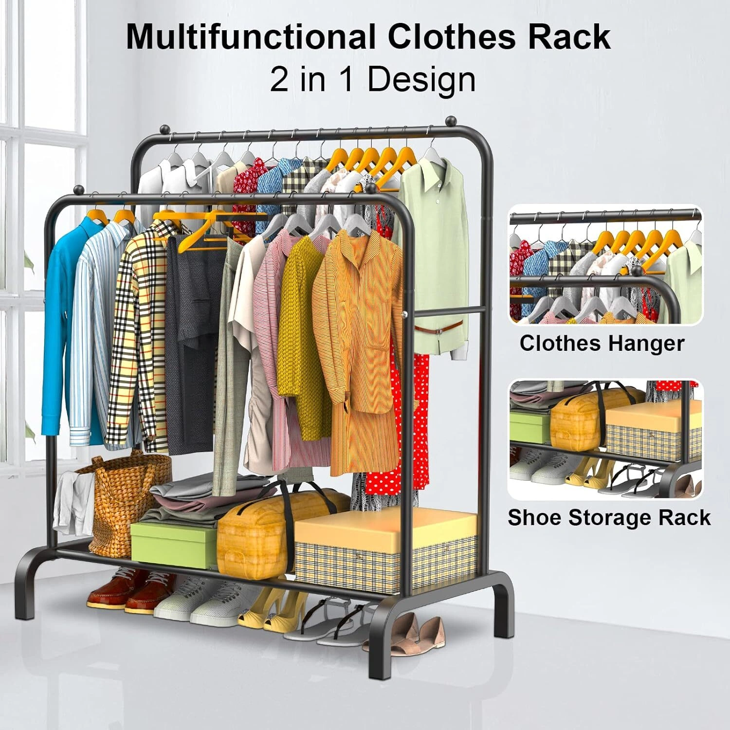 Heavy Duty Double Clothes Rail Hanging Rack Garment Display Stand Shoe Storage view 5