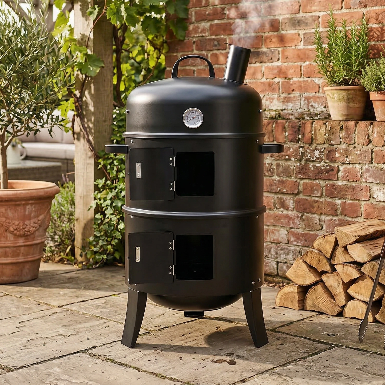 43 x 52 x 85 cm — Black Cylindrical Smoker with Chimney — Powder-Coated Iron view 10