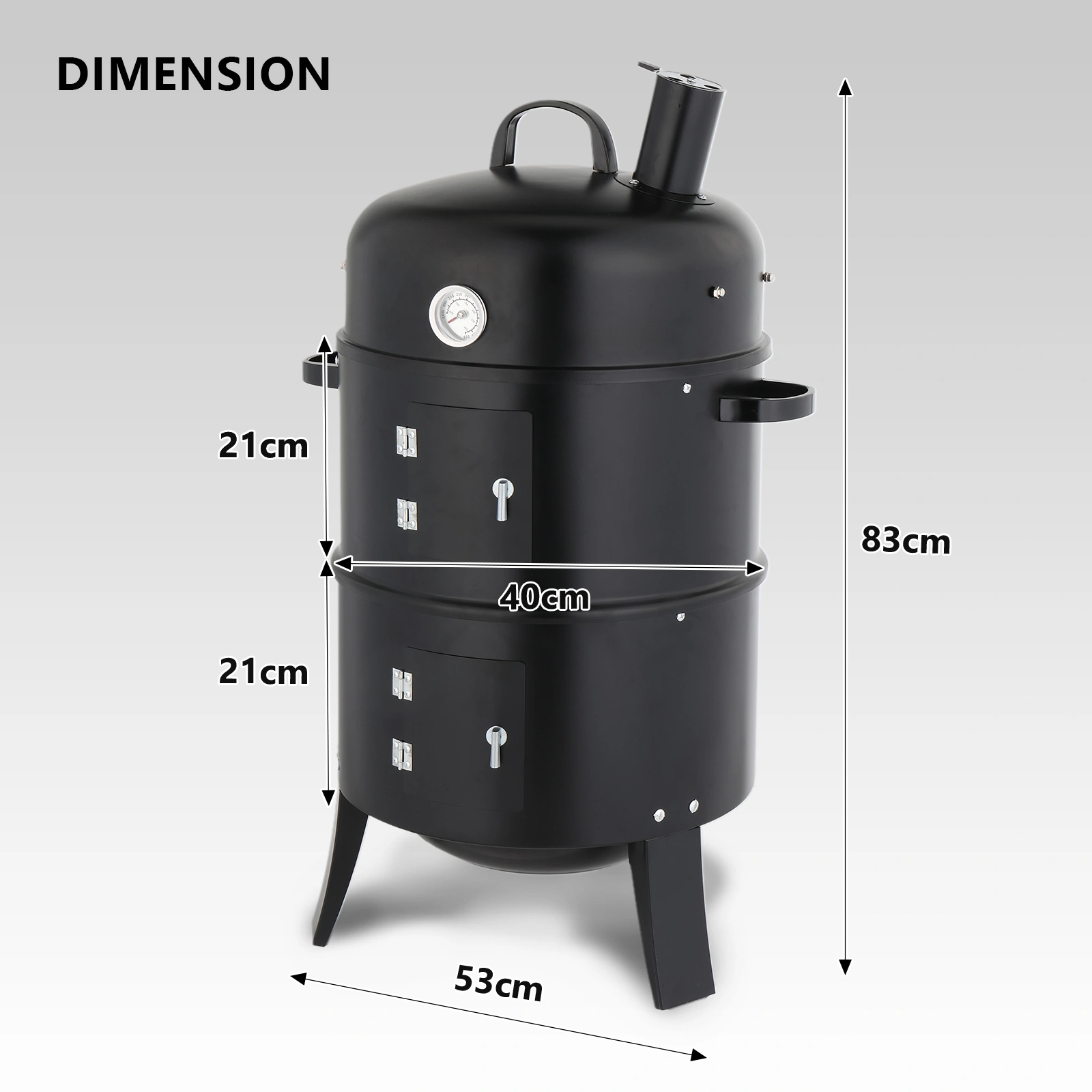 43 x 52 x 85 cm — Black Cylindrical Smoker with Chimney — Powder-Coated Iron view 2