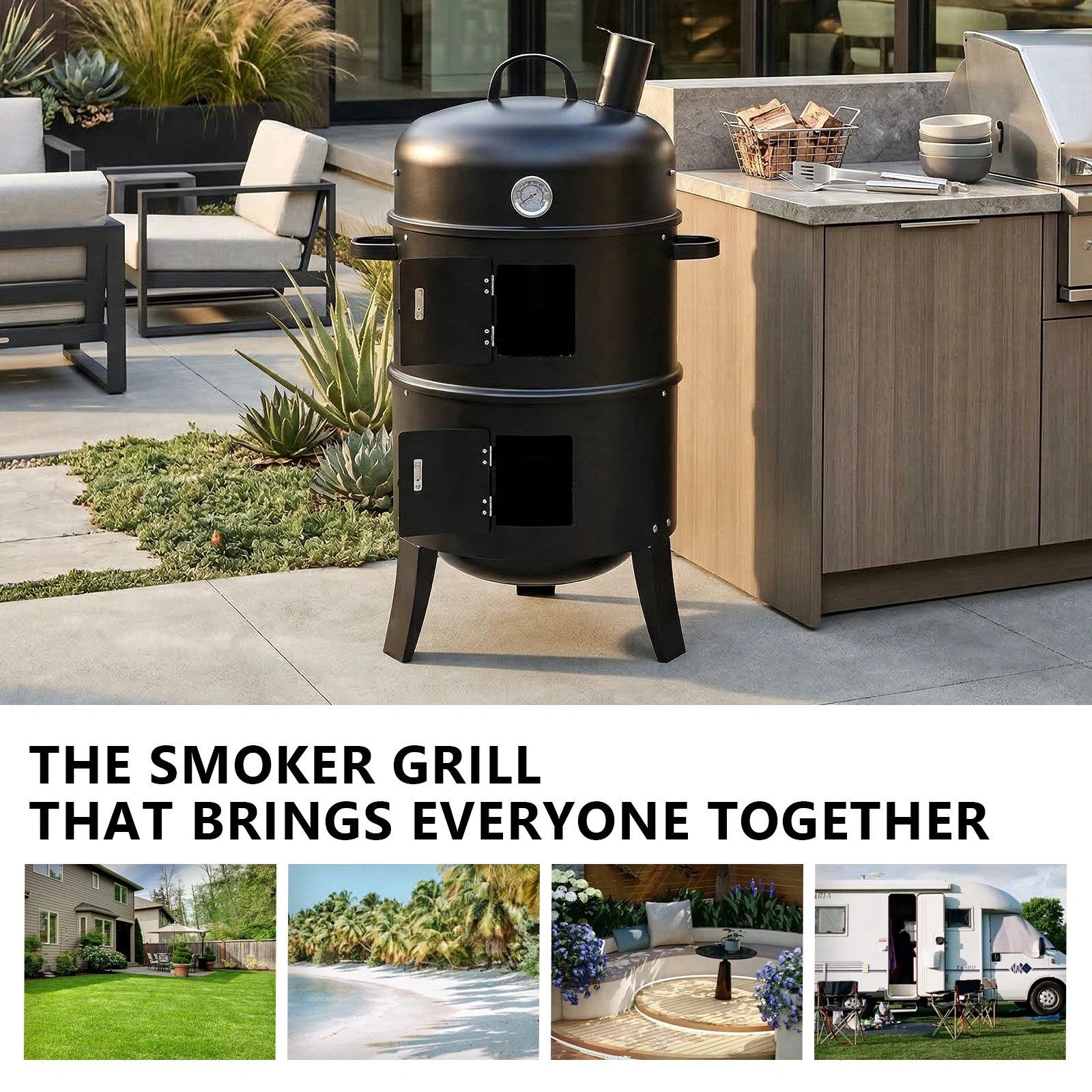 43 x 52 x 85 cm — Black Cylindrical Smoker with Chimney — Powder-Coated Iron view 7
