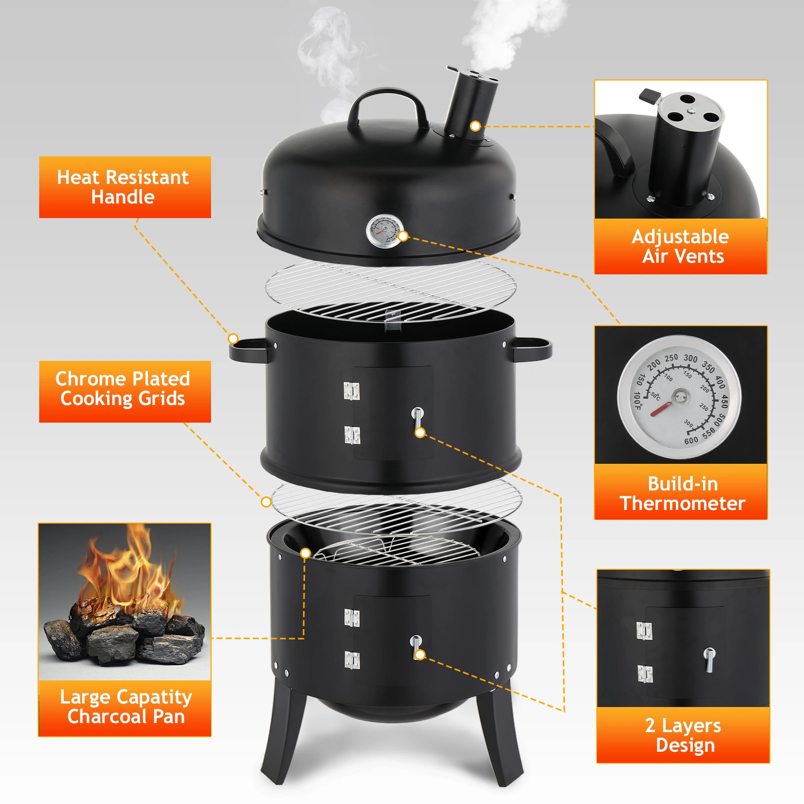 43 x 52 x 85 cm — Black Cylindrical Smoker with Chimney — Powder-Coated Iron view 8