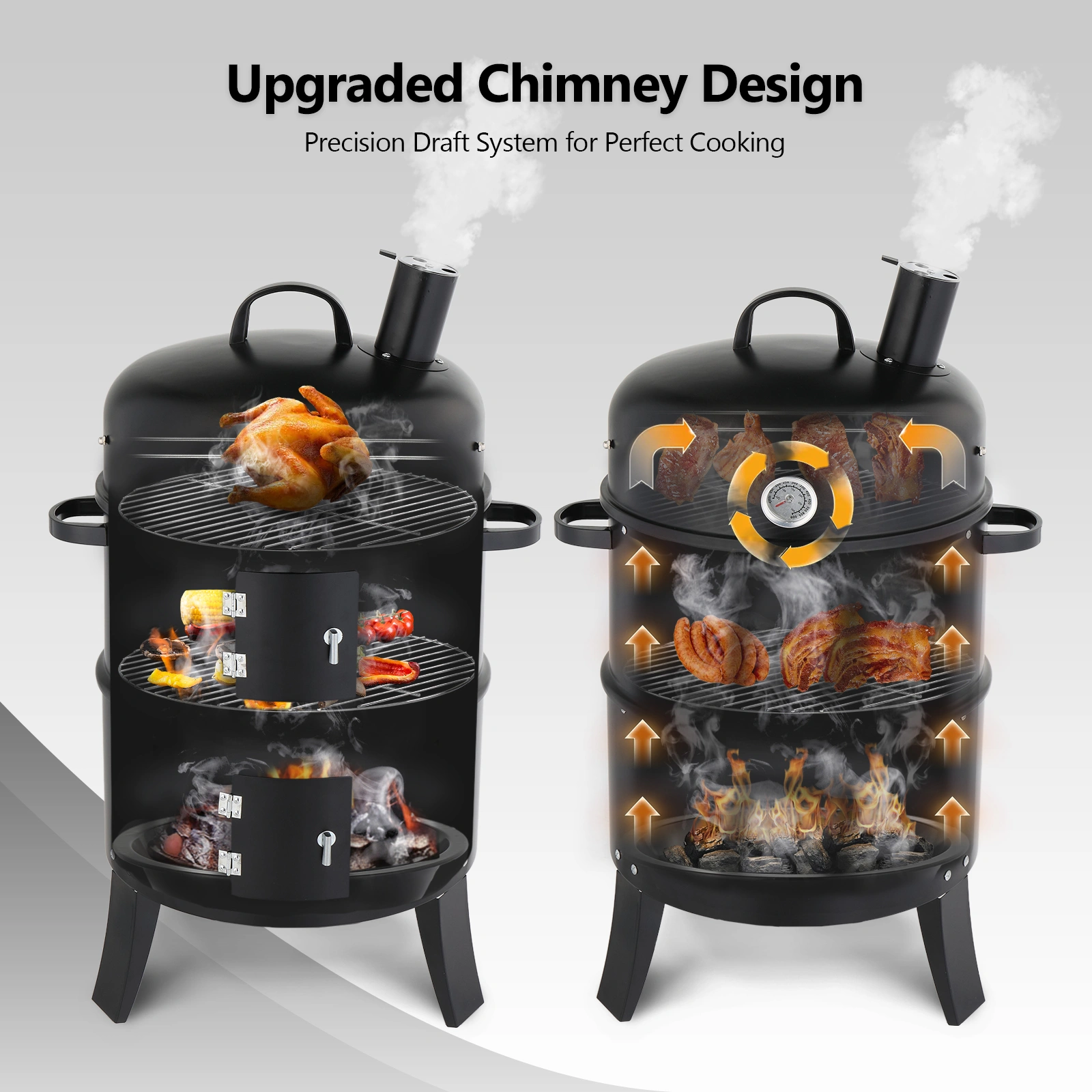 43 x 52 x 85 cm — Black Cylindrical Smoker with Chimney — Powder-Coated Iron view 9