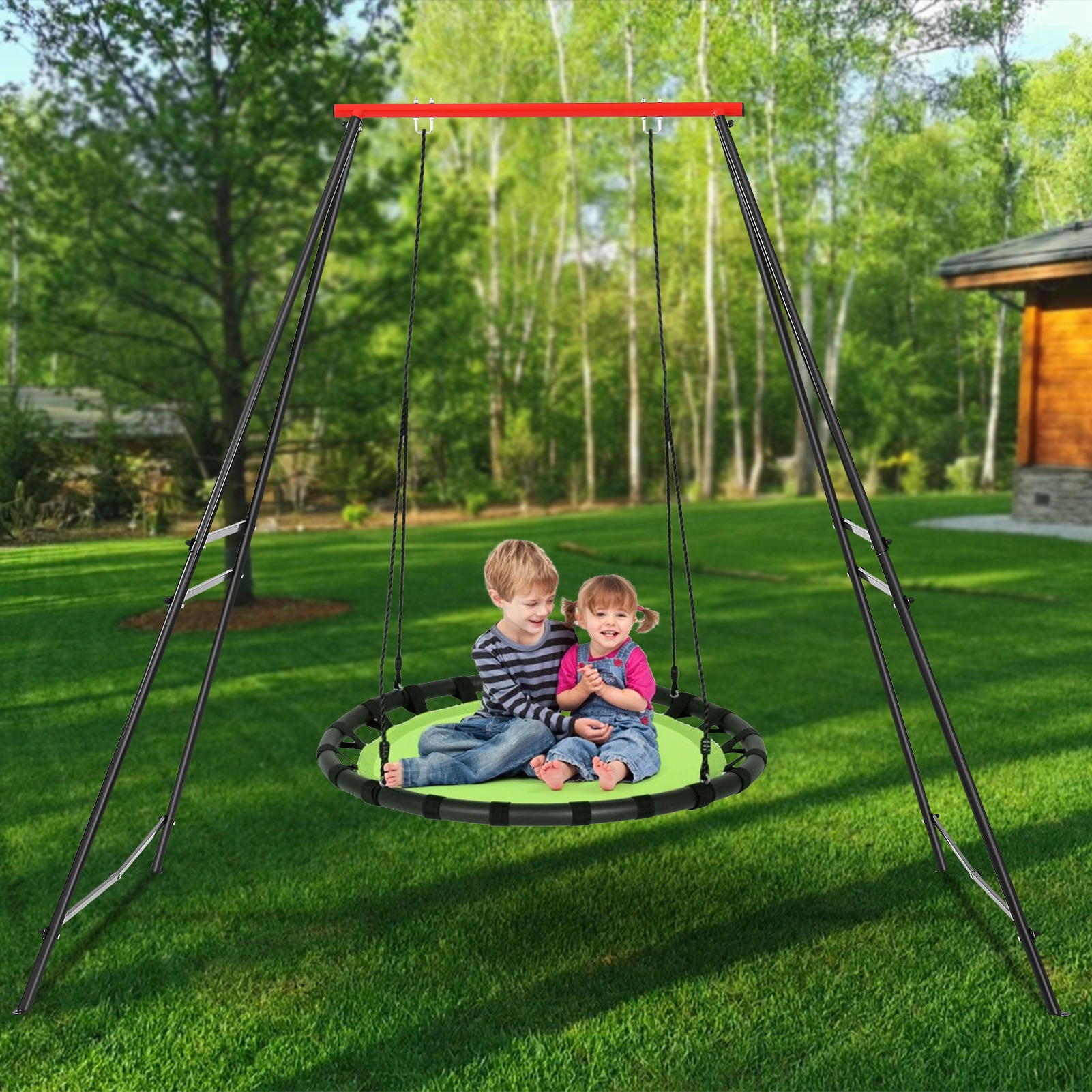 Metal Outdoor Garden Swing for Children, Heavy Duty A-Frame Porch Swing Stand, Red, Yoga Hammock Support Only view 2