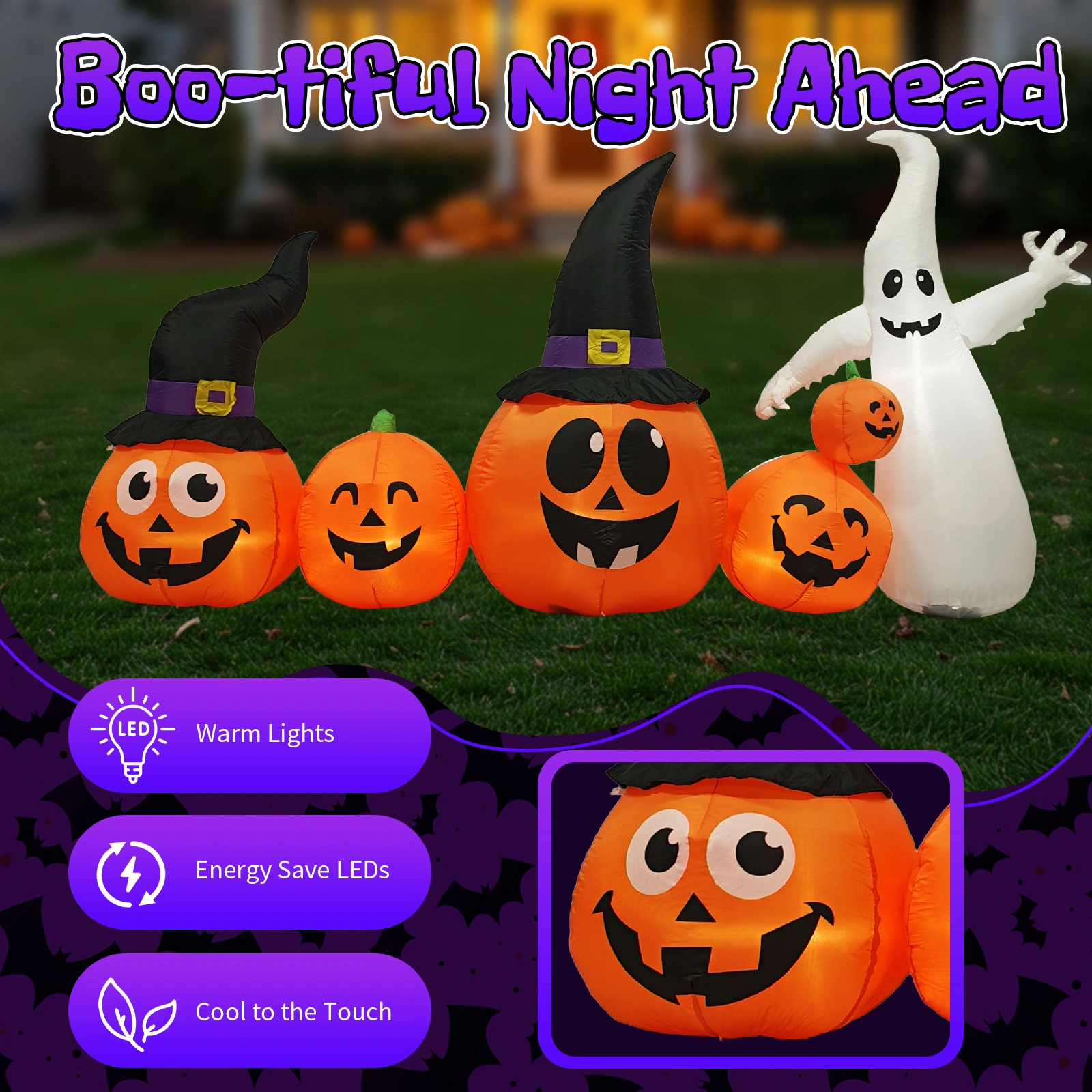 8FT Long Halloween Inflatables Pumpkins Ghost Outdoor Decorations, Blow Up Yard Decoration with Built-in LEDs Lighted for Lawn Garden Outside Indoor Decor view 7