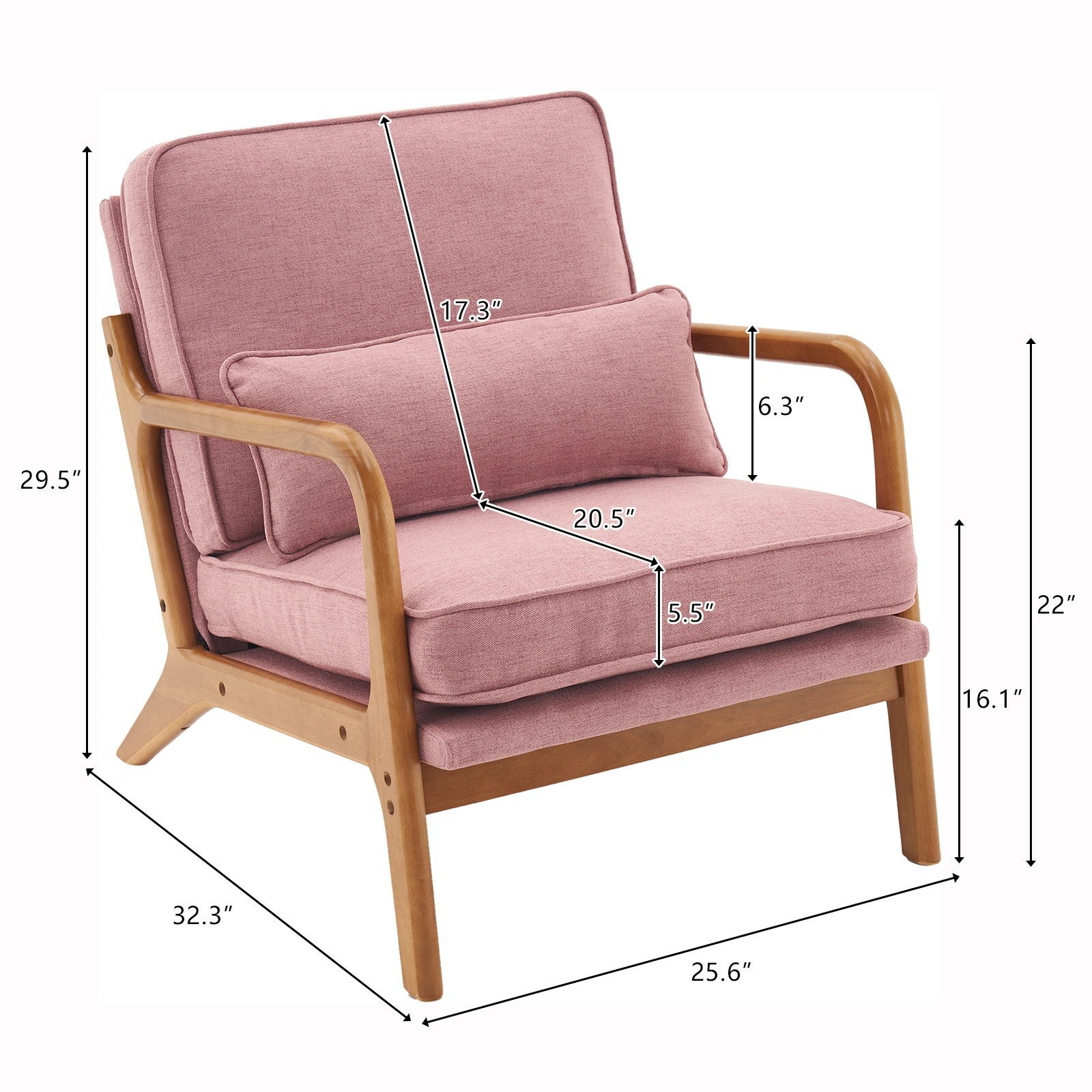 Oak Frame Upholstered Lounge Chair with Armrests Single Seater Indoor Accent Chair - Pink view 16