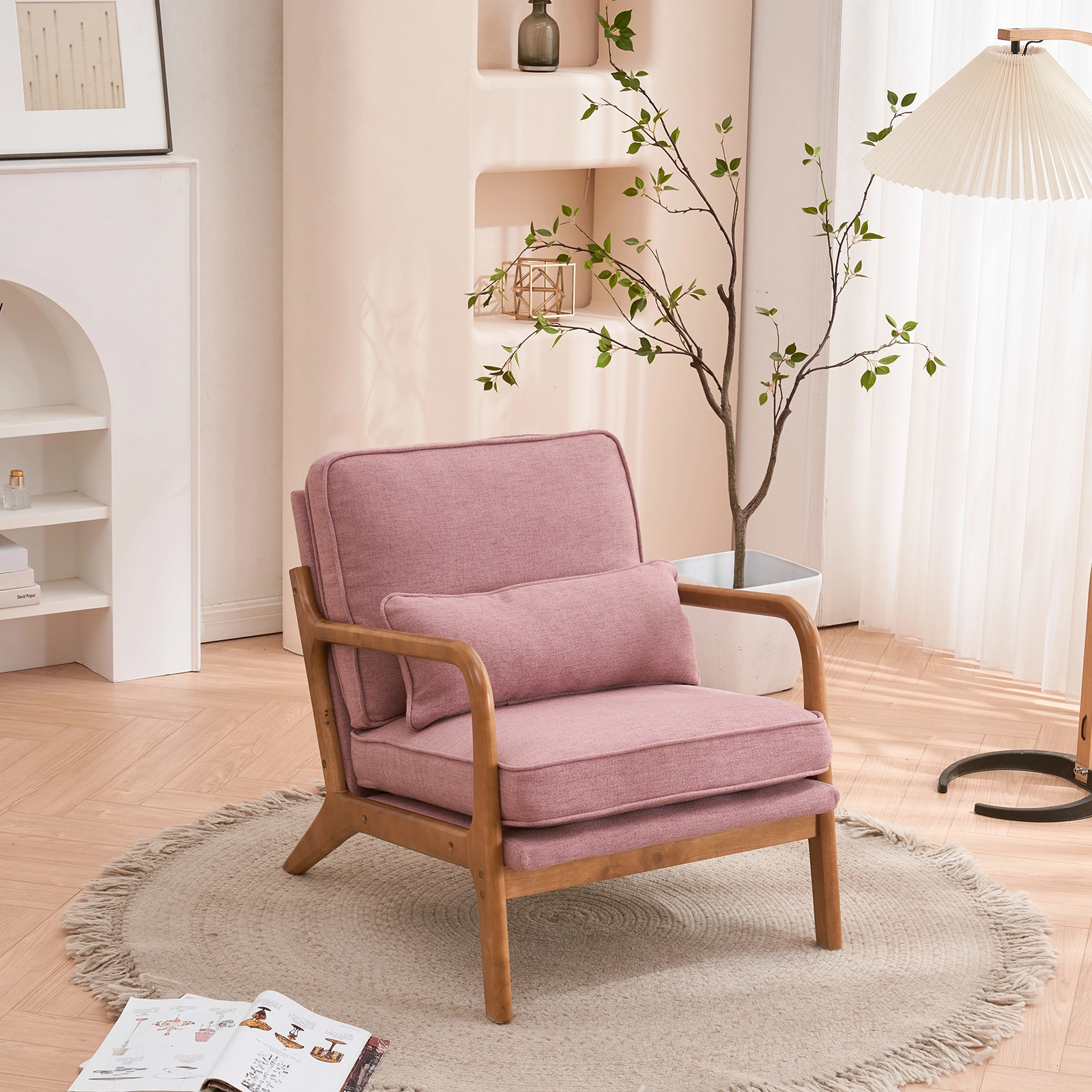 Oak Frame Upholstered Lounge Chair with Armrests Single Seater Indoor Accent Chair - Pink view 17
