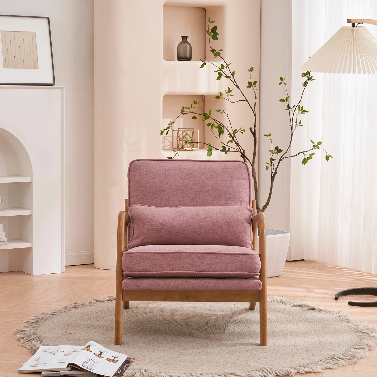 Oak Frame Upholstered Lounge Chair with Armrests Single Seater Indoor Accent Chair - Pink view 18