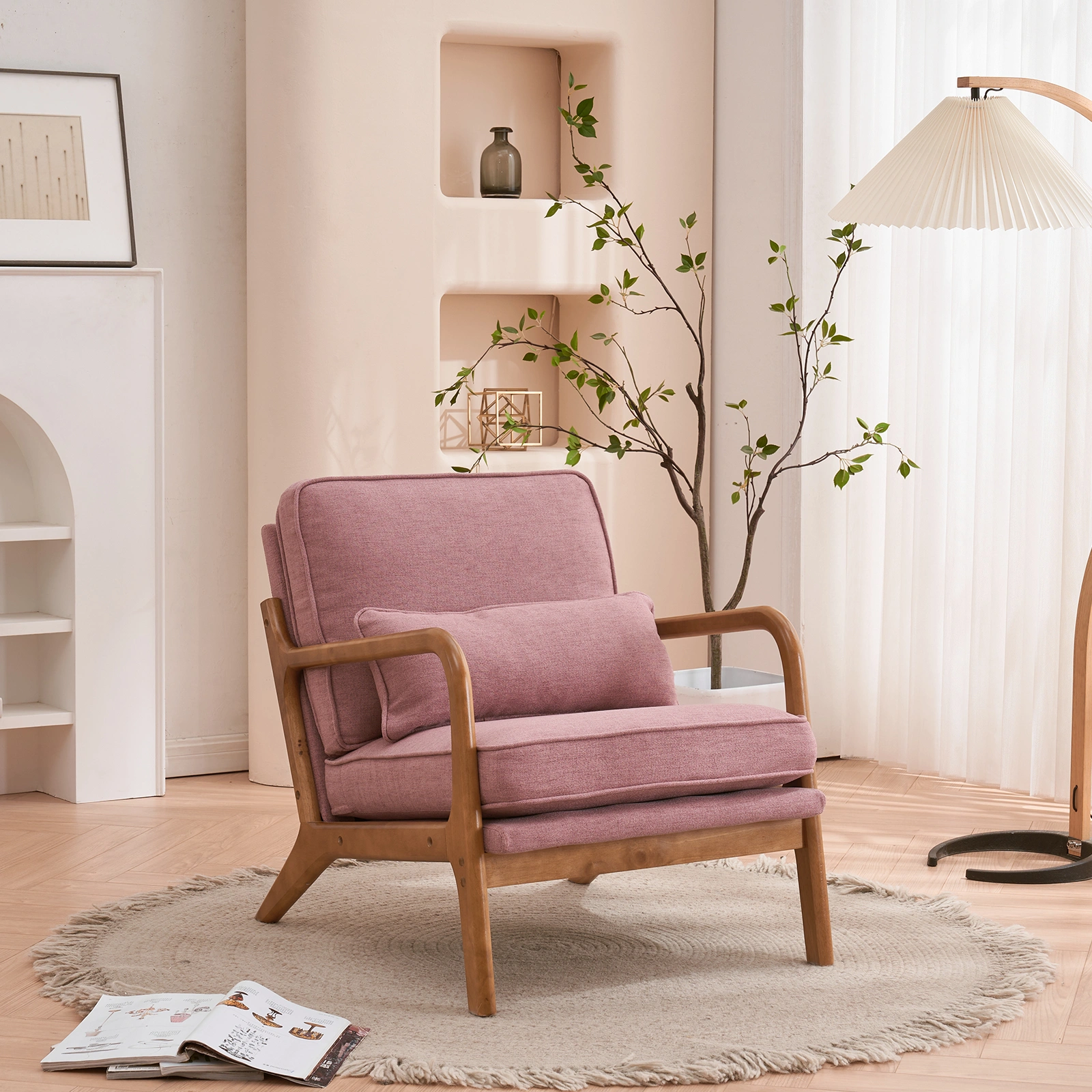 Oak Frame Upholstered Lounge Chair with Armrests Single Seater Indoor Accent Chair - Pink view 19