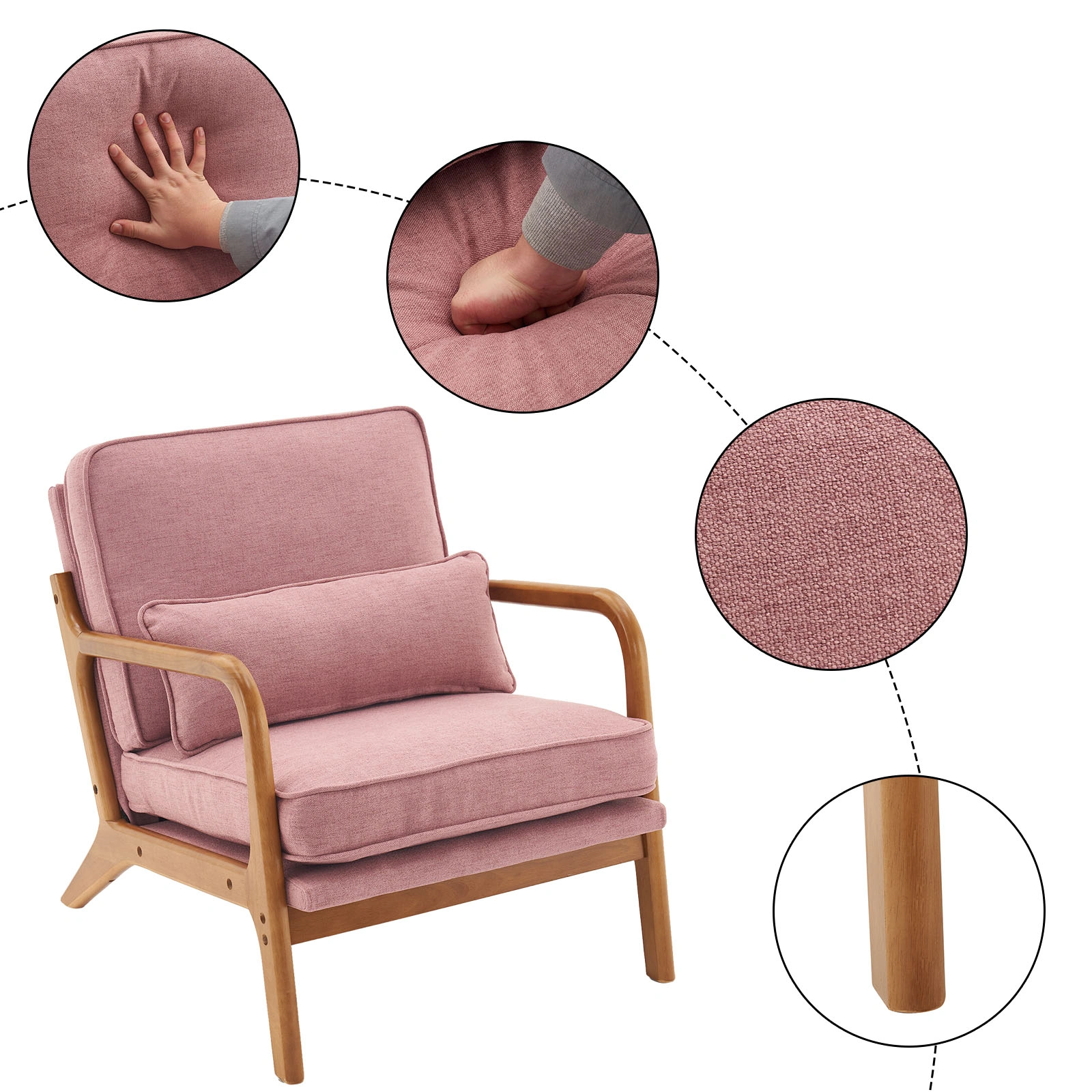 Oak Frame Upholstered Lounge Chair with Armrests Single Seater Indoor Accent Chair - Pink view 2