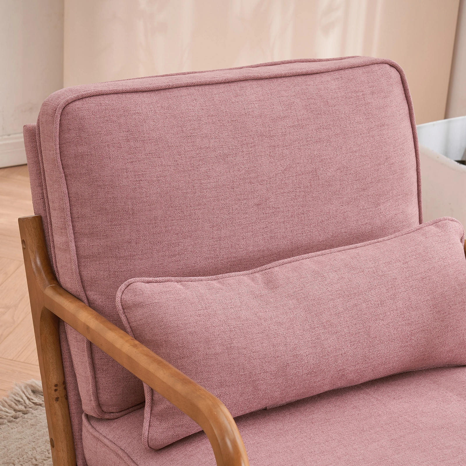 Oak Frame Upholstered Lounge Chair with Armrests Single Seater Indoor Accent Chair - Pink view 20