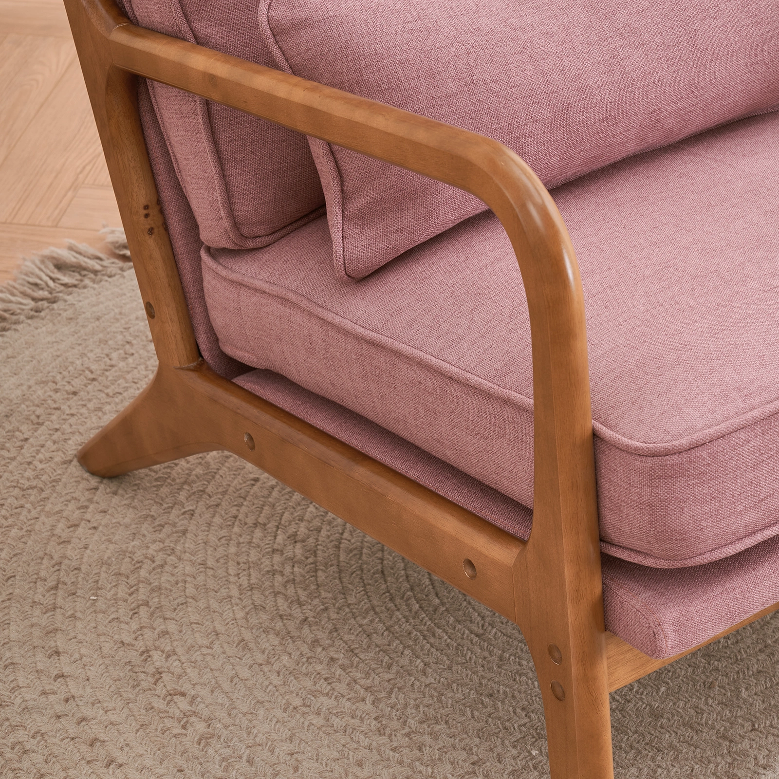 Oak Frame Upholstered Lounge Chair with Armrests Single Seater Indoor Accent Chair - Pink view 21