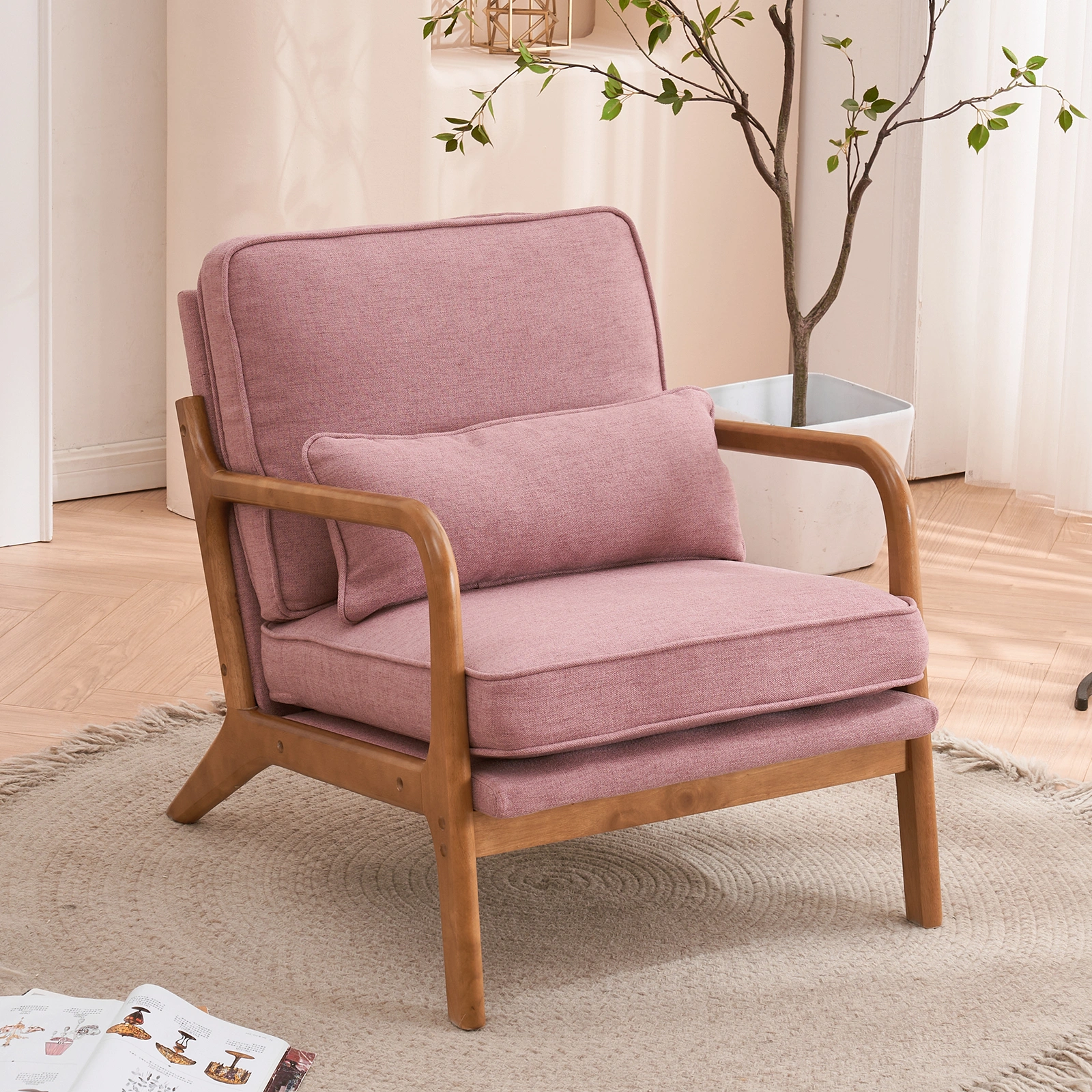 Oak Frame Upholstered Lounge Chair with Armrests Single Seater Indoor Accent Chair - Pink view 22
