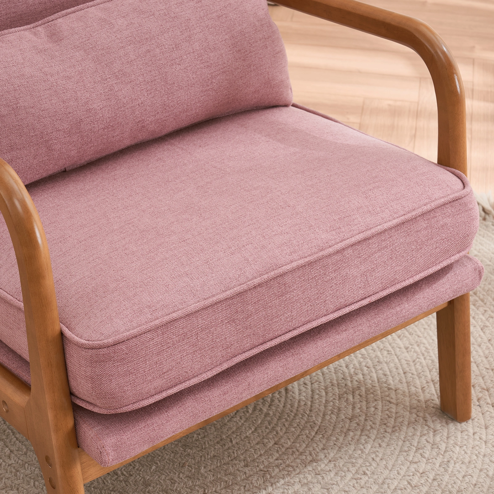 Oak Frame Upholstered Lounge Chair with Armrests Single Seater Indoor Accent Chair - Pink view 24