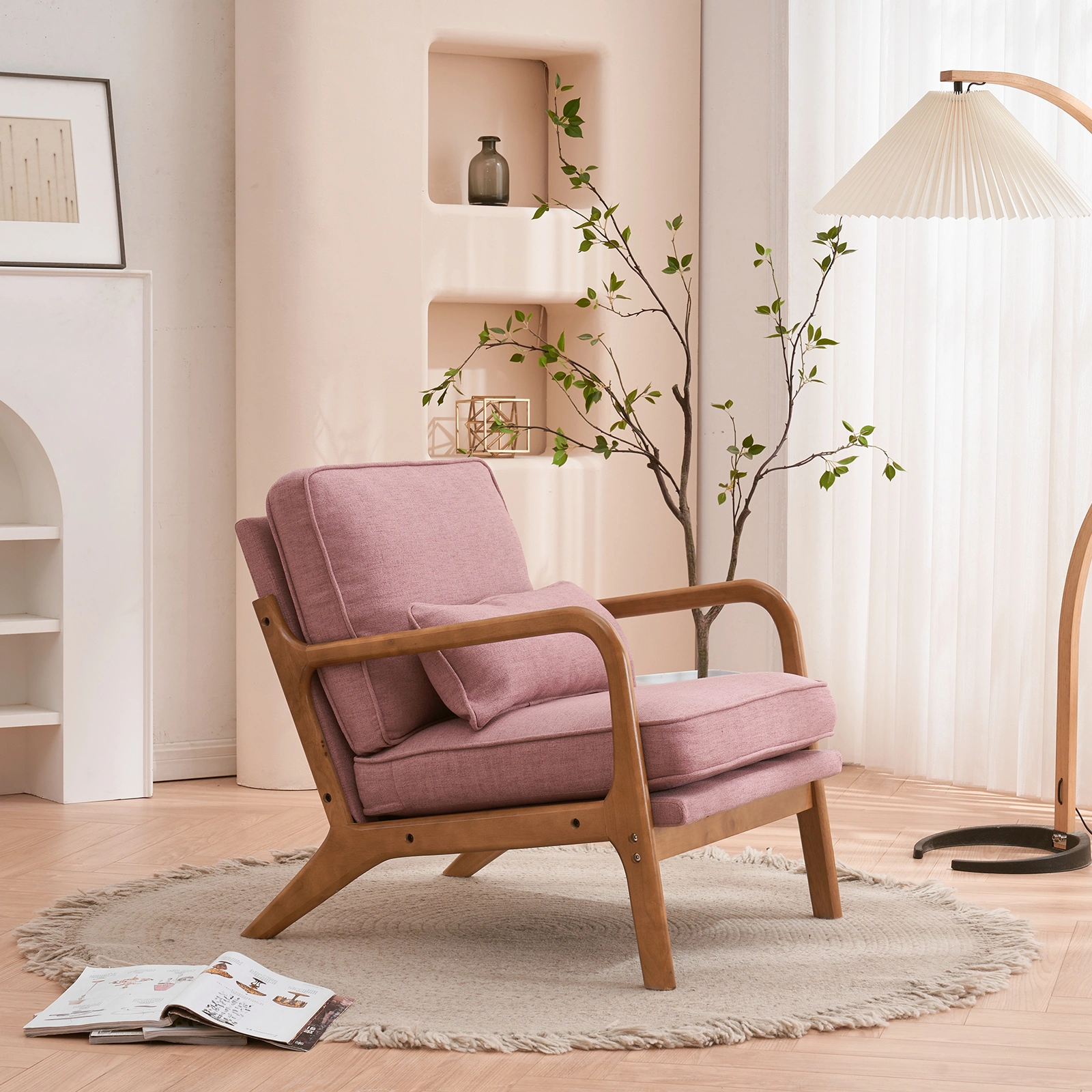 Oak Frame Upholstered Lounge Chair with Armrests Single Seater Indoor Accent Chair - Pink view 26