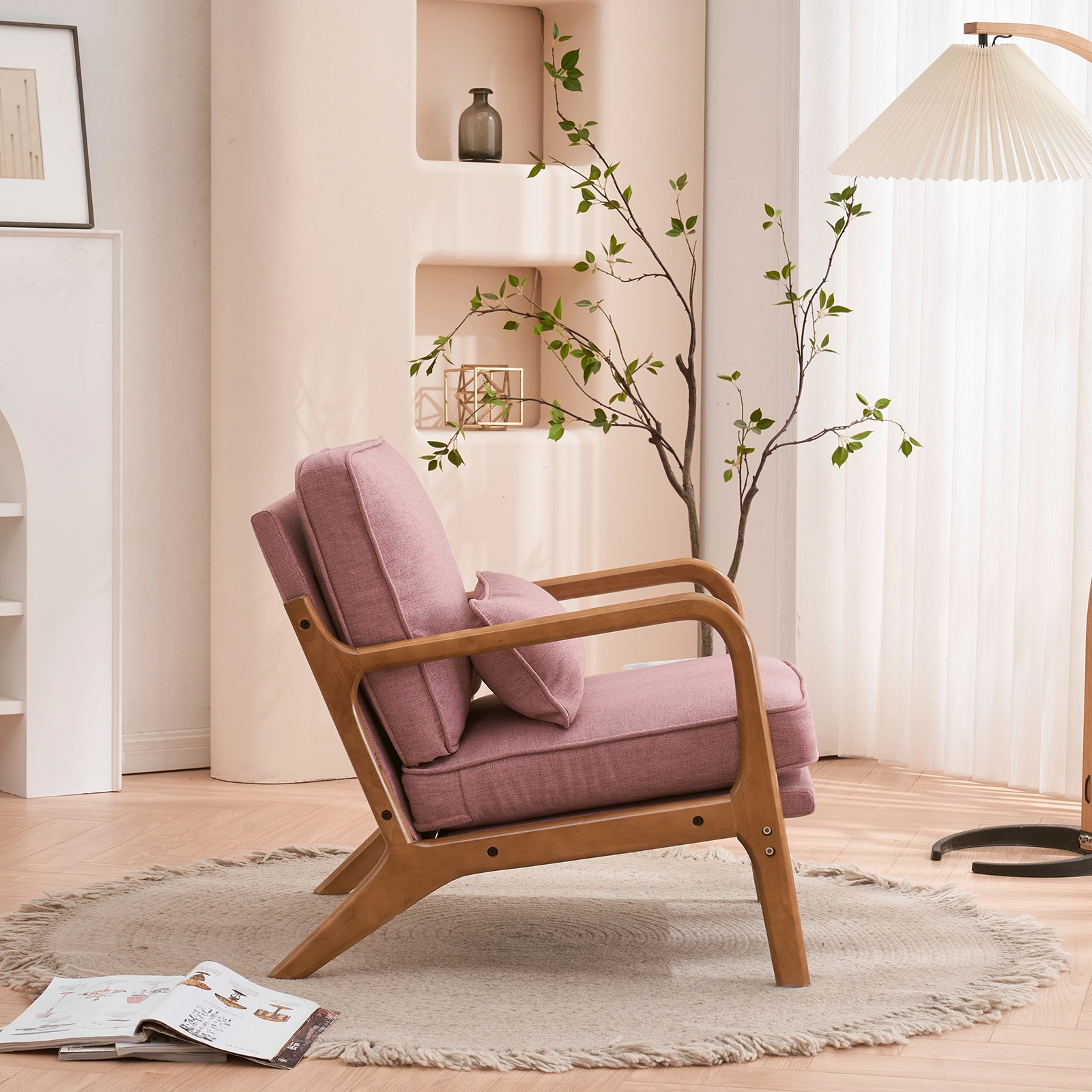 Oak Frame Upholstered Lounge Chair with Armrests Single Seater Indoor Accent Chair - Pink view 28