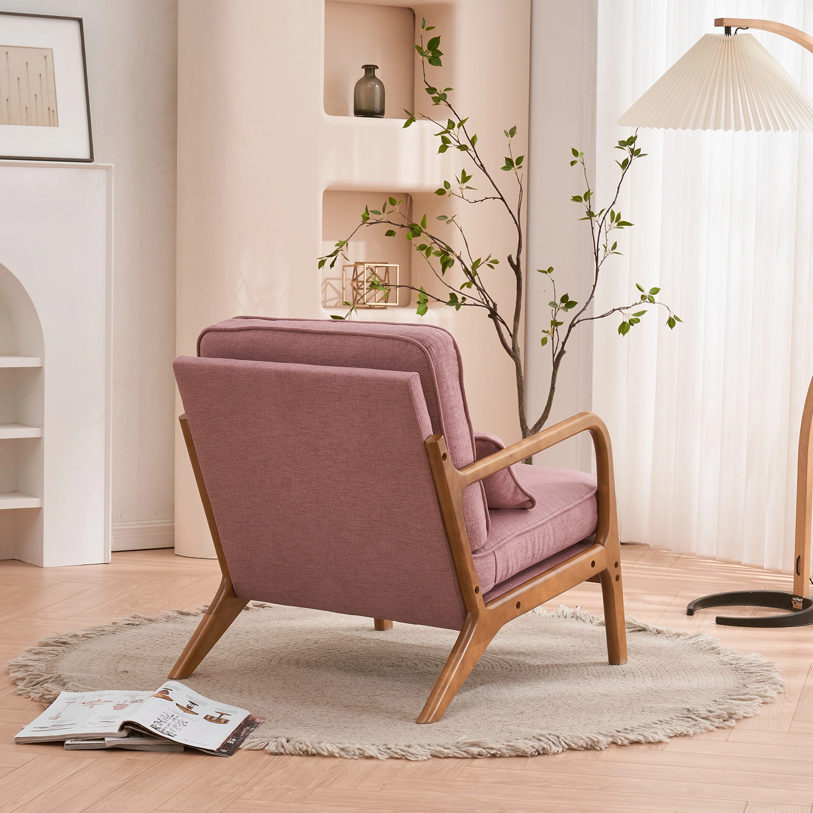 Oak Frame Upholstered Lounge Chair with Armrests Single Seater Indoor Accent Chair - Pink view 30
