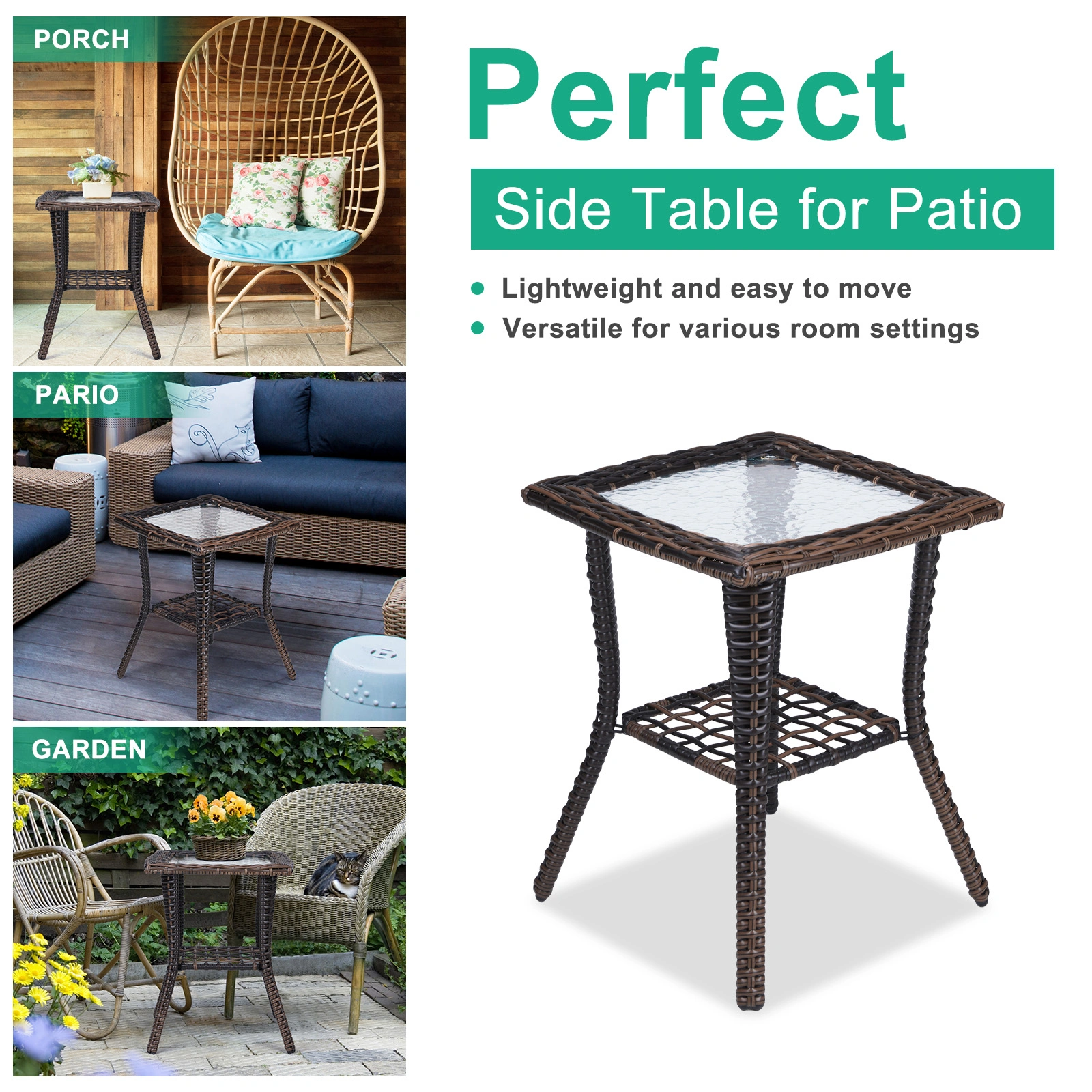 Outdoor Wicker Side Table, Rattan End Table with Glass Top, Patio Coffee Bistro Table for Indoor Garden Porch Balcony, Brown view 10