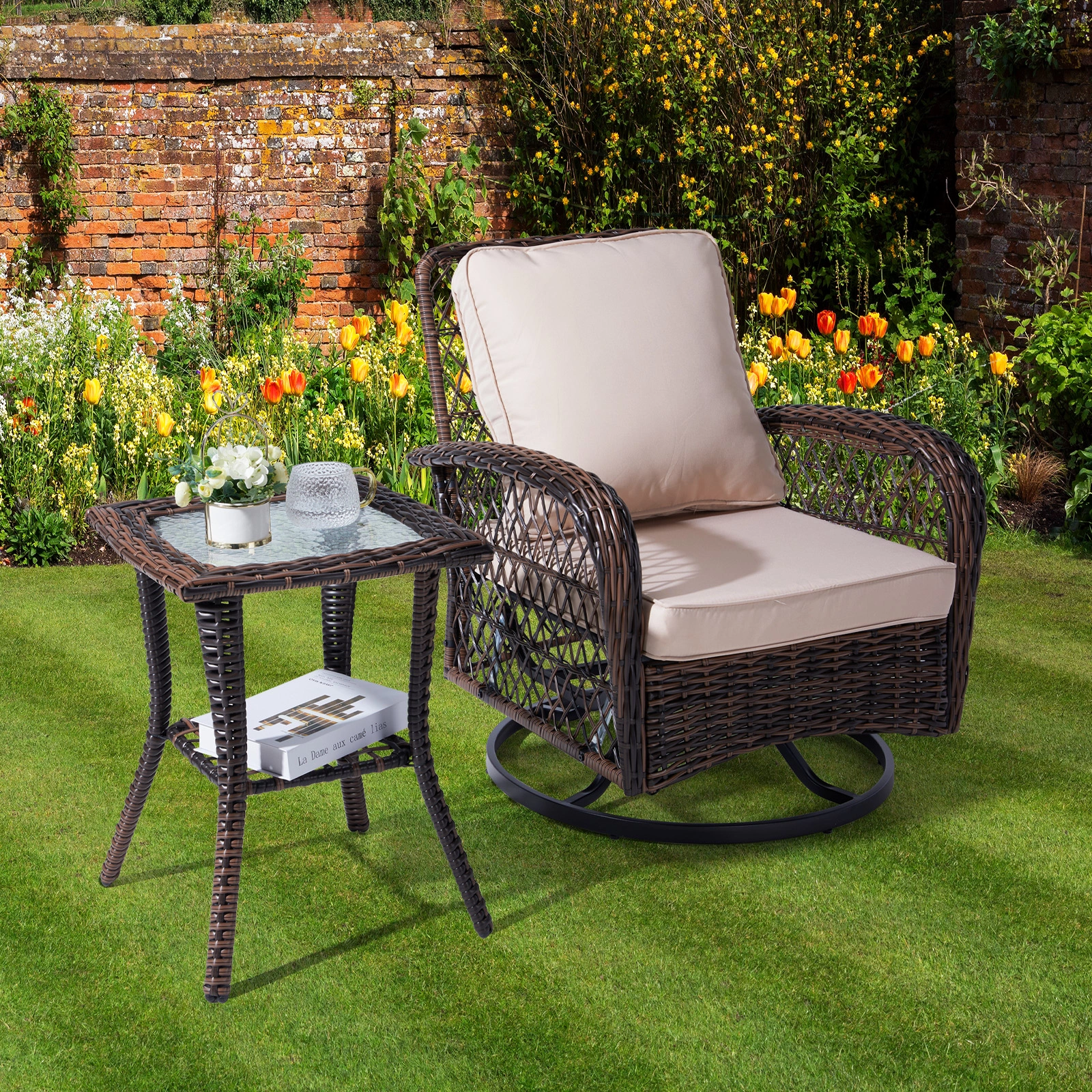 Outdoor Wicker Side Table, Rattan End Table with Glass Top, Patio Coffee Bistro Table for Indoor Garden Porch Balcony, Brown view 12