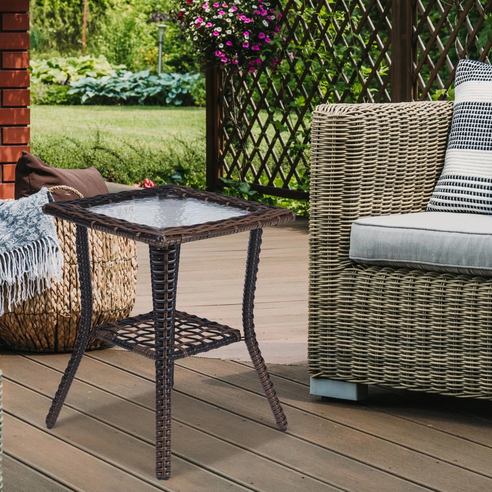 Outdoor Wicker Side Table, Rattan End Table with Glass Top, Patio Coffee Bistro Table for Indoor Garden Porch Balcony, Brown view 14