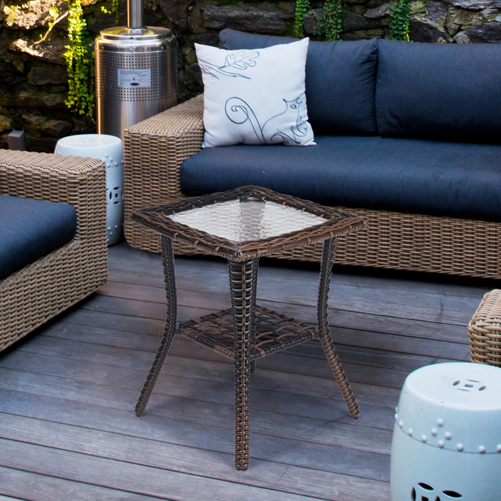 Outdoor Wicker Side Table, Rattan End Table with Glass Top, Patio Coffee Bistro Table for Indoor Garden Porch Balcony, Brown view 15