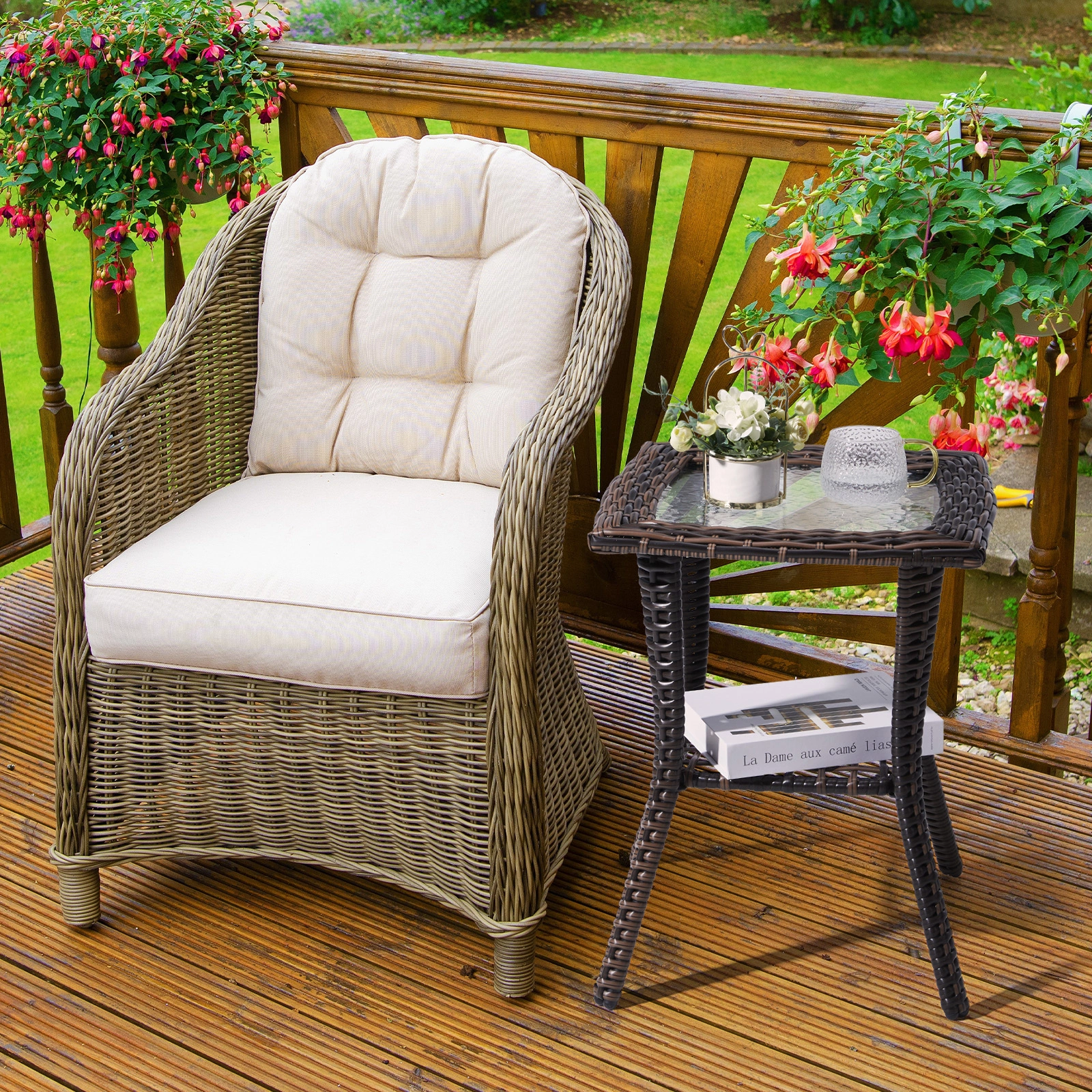 Outdoor Wicker Side Table, Rattan End Table with Glass Top, Patio Coffee Bistro Table for Indoor Garden Porch Balcony, Brown view 17