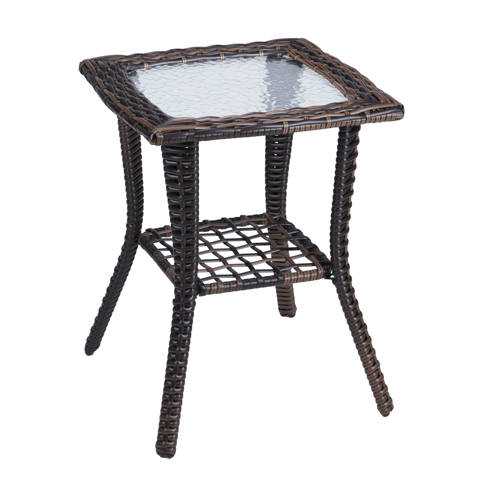 Outdoor Wicker Side Table, Rattan End Table with Glass Top, Patio Coffee Bistro Table for Indoor Garden Porch Balcony, Brown view 2