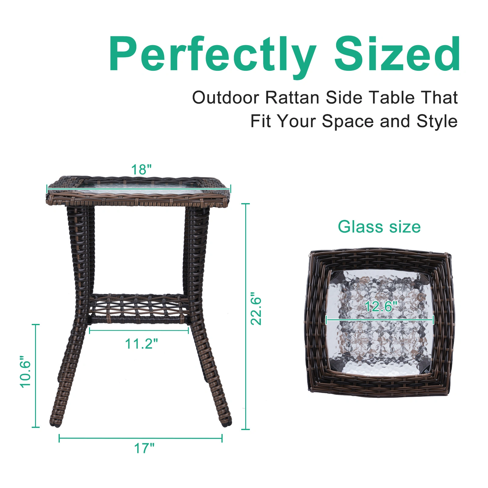 Outdoor Wicker Side Table, Rattan End Table with Glass Top, Patio Coffee Bistro Table for Indoor Garden Porch Balcony, Brown view 7
