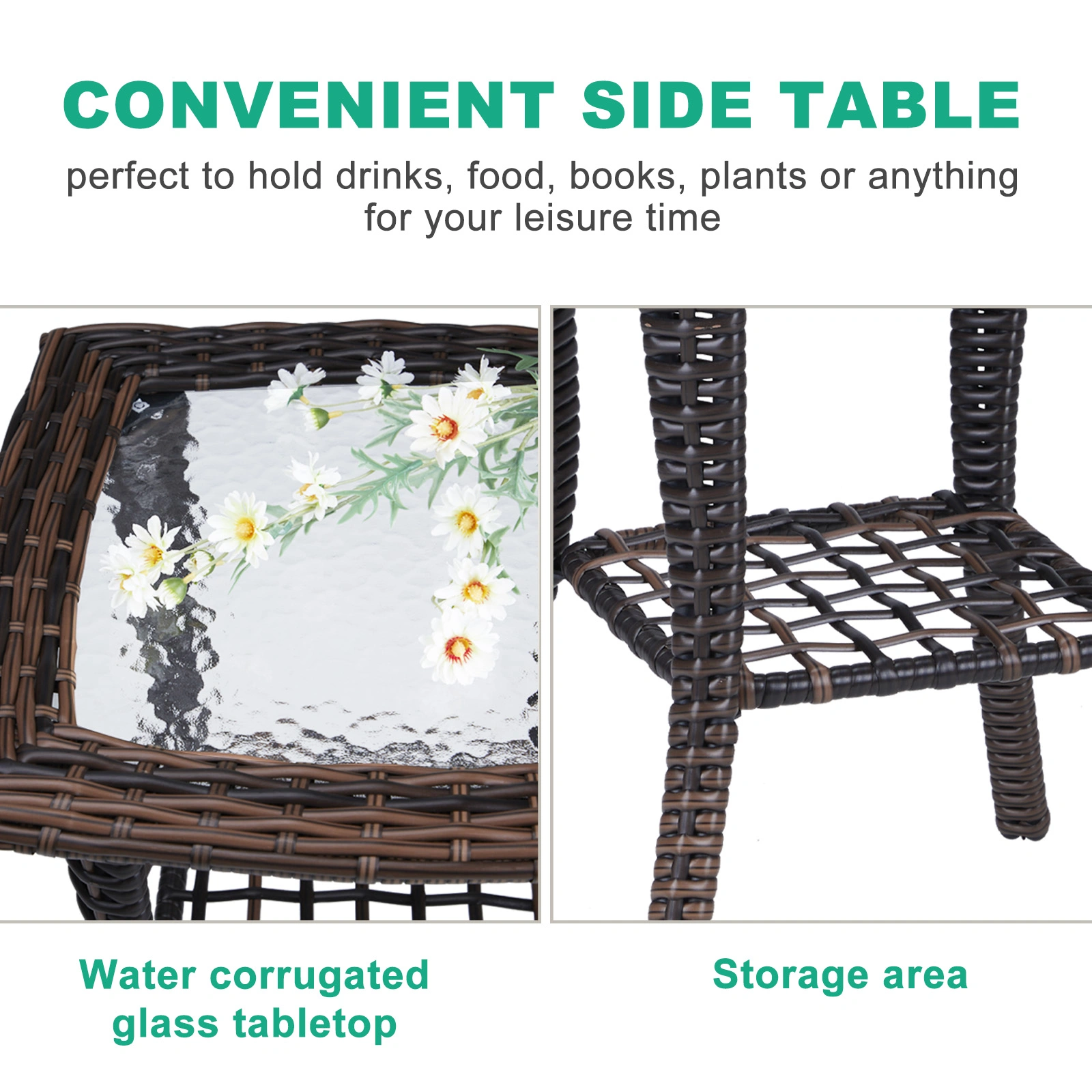 Outdoor Wicker Side Table, Rattan End Table with Glass Top, Patio Coffee Bistro Table for Indoor Garden Porch Balcony, Brown view 8