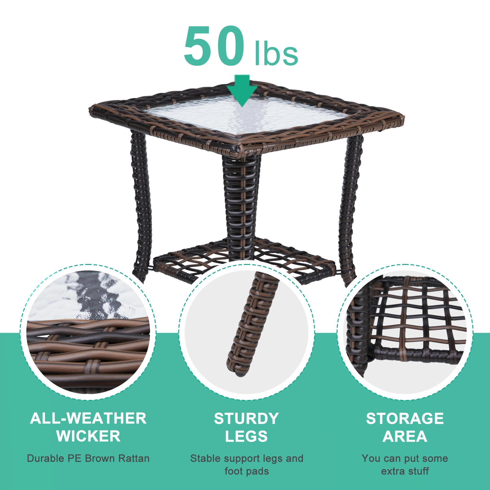 Outdoor Wicker Side Table, Rattan End Table with Glass Top, Patio Coffee Bistro Table for Indoor Garden Porch Balcony, Brown view 9