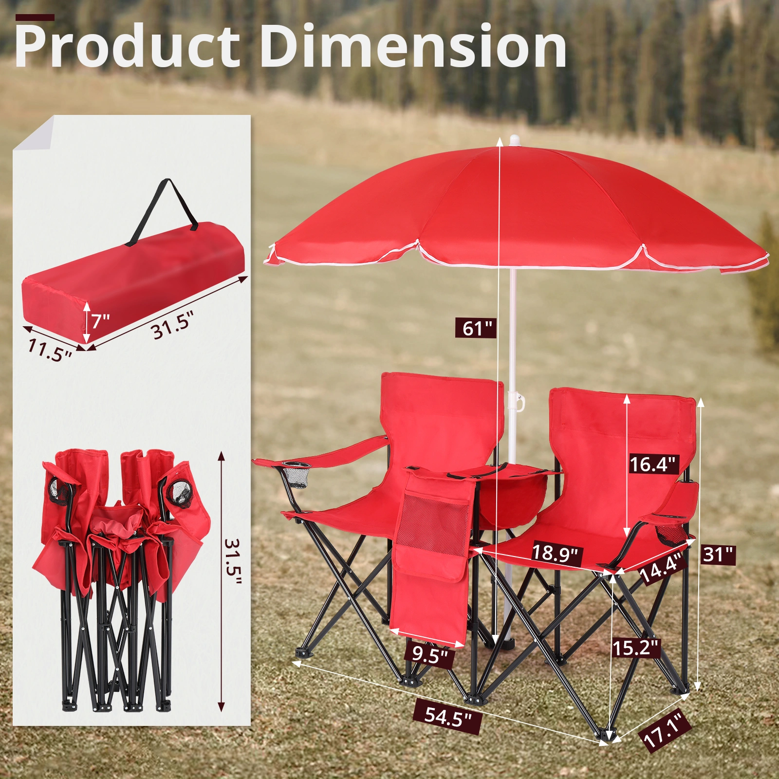 Portable Outdoor 2-Seat Folding Chair with Removable Sun Umbrella Red view 17