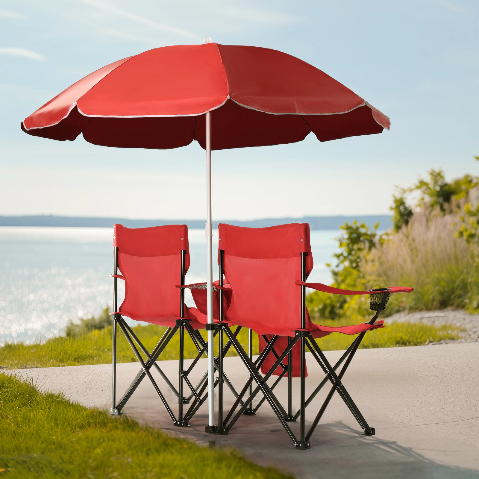 Portable Outdoor 2-Seat Folding Chair with Removable Sun Umbrella Red view 2