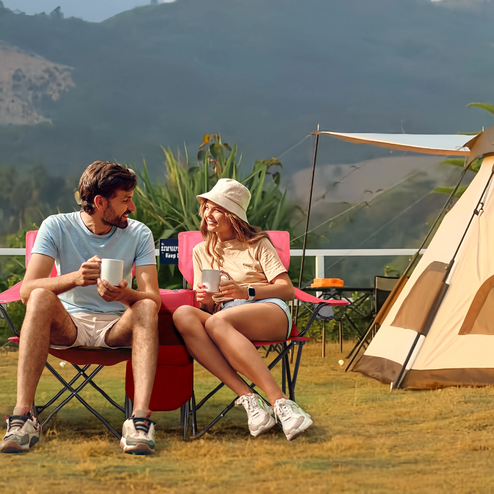 Portable Outdoor 2-Seat Folding Chair with Removable Sun Umbrella Red view 3