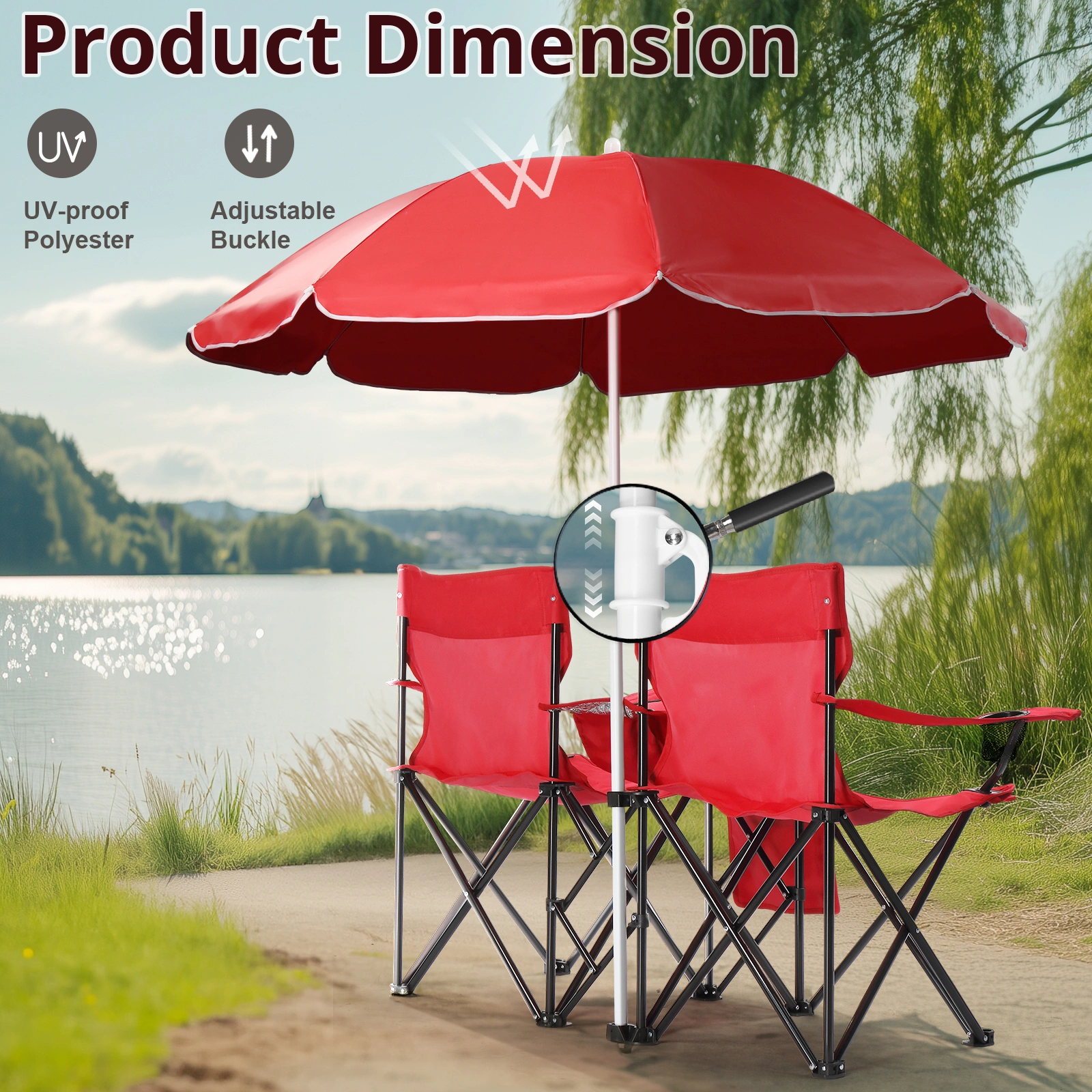 Portable Outdoor 2-Seat Folding Chair with Removable Sun Umbrella Red view 6