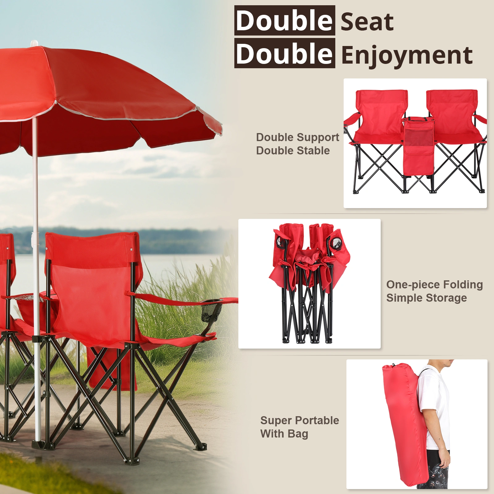 Portable Outdoor 2-Seat Folding Chair with Removable Sun Umbrella Red view 7