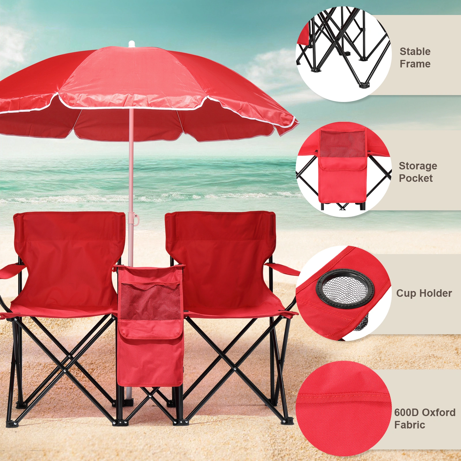 Portable Outdoor 2-Seat Folding Chair with Removable Sun Umbrella Red view 8