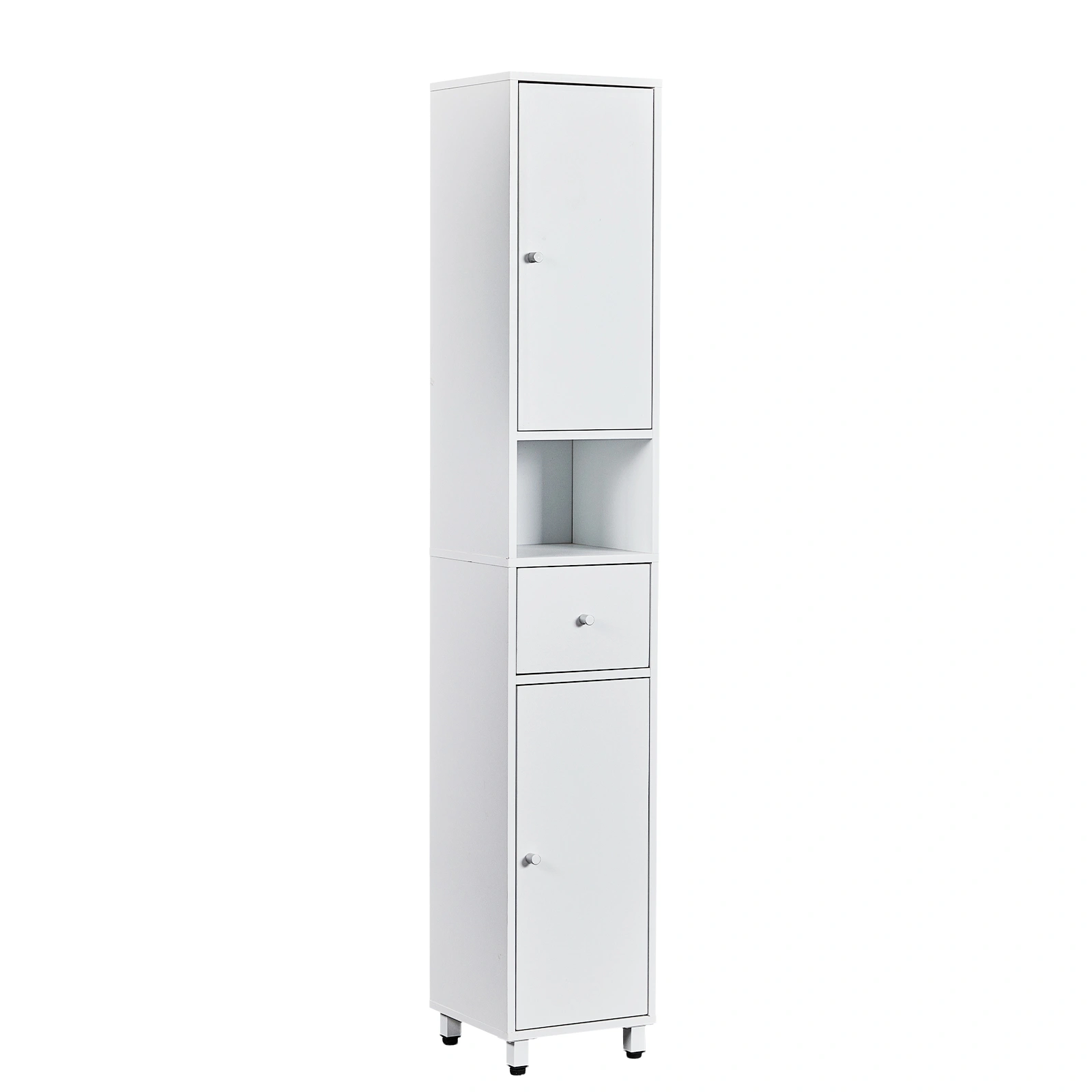 White particleboard with melamine veneer, 30*30*170cm, two doors, one drawer, one shelf, bathroom vanity