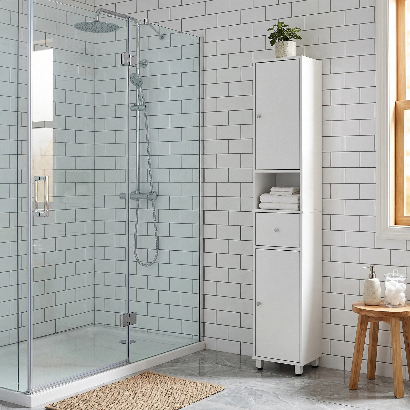 White particleboard with melamine veneer, 30*30*170cm, two doors, one drawer, one shelf, bathroom vanity view 10