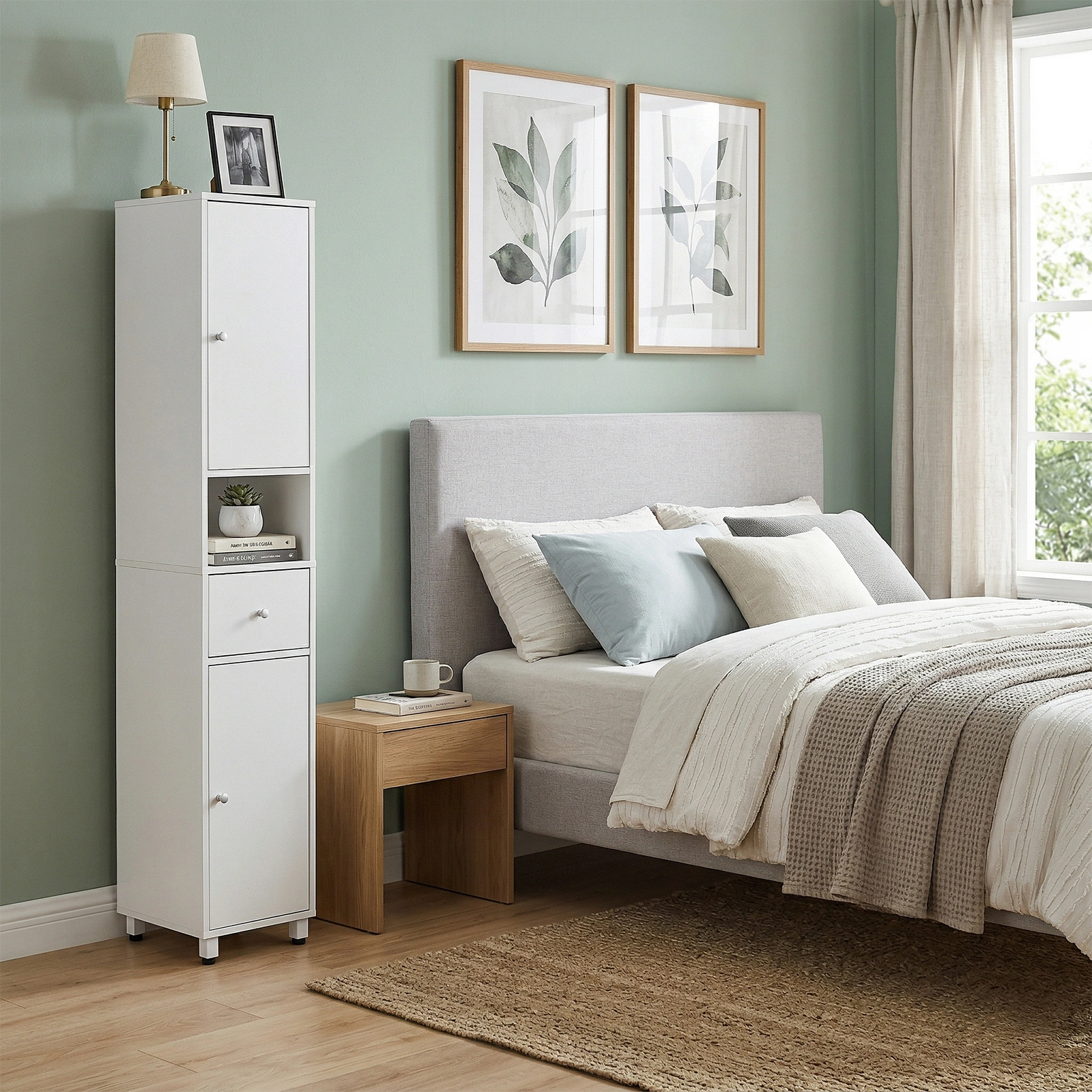 White particleboard with melamine veneer, 30*30*170cm, two doors, one drawer, one shelf, bathroom vanity view 11