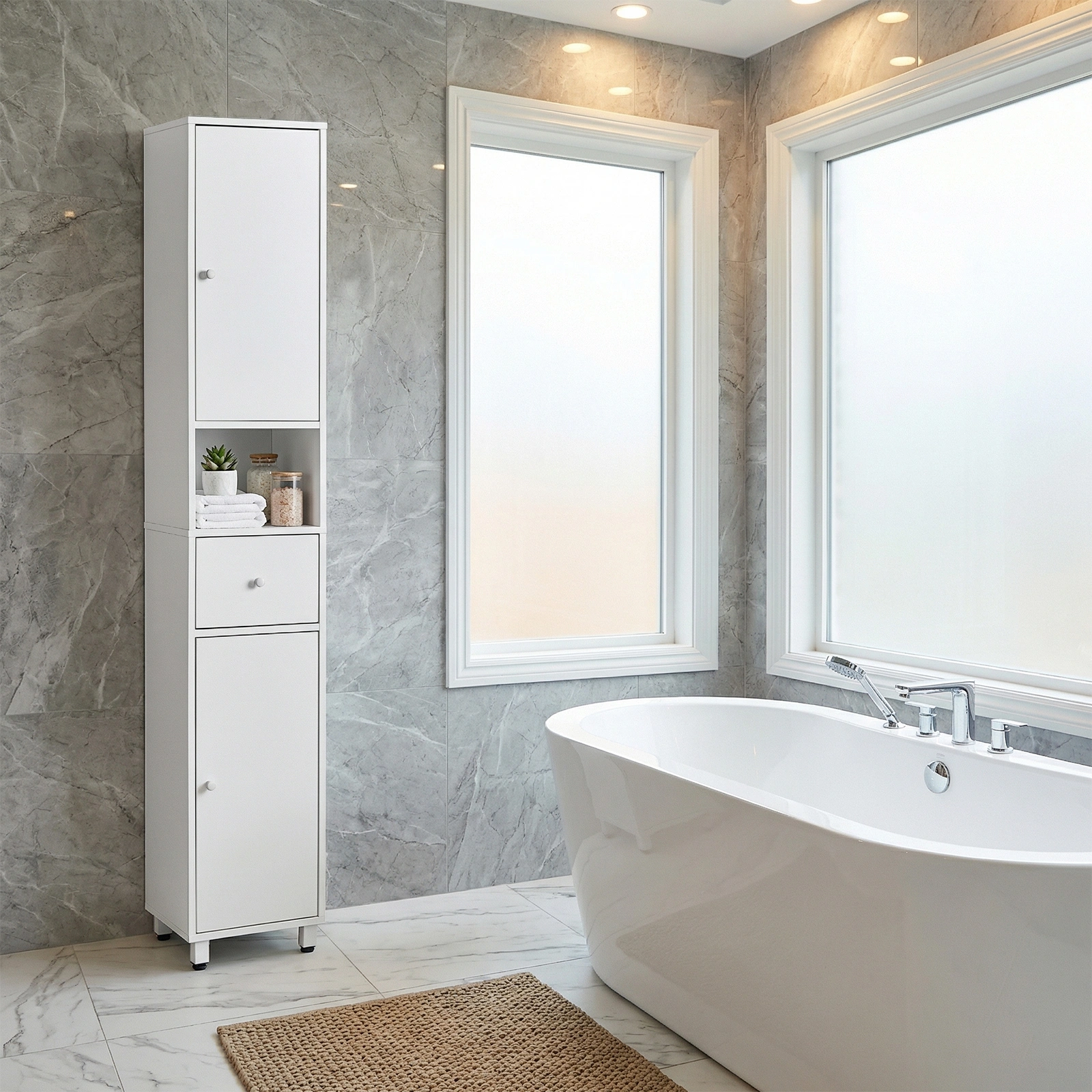 White particleboard with melamine veneer, 30*30*170cm, two doors, one drawer, one shelf, bathroom vanity view 2