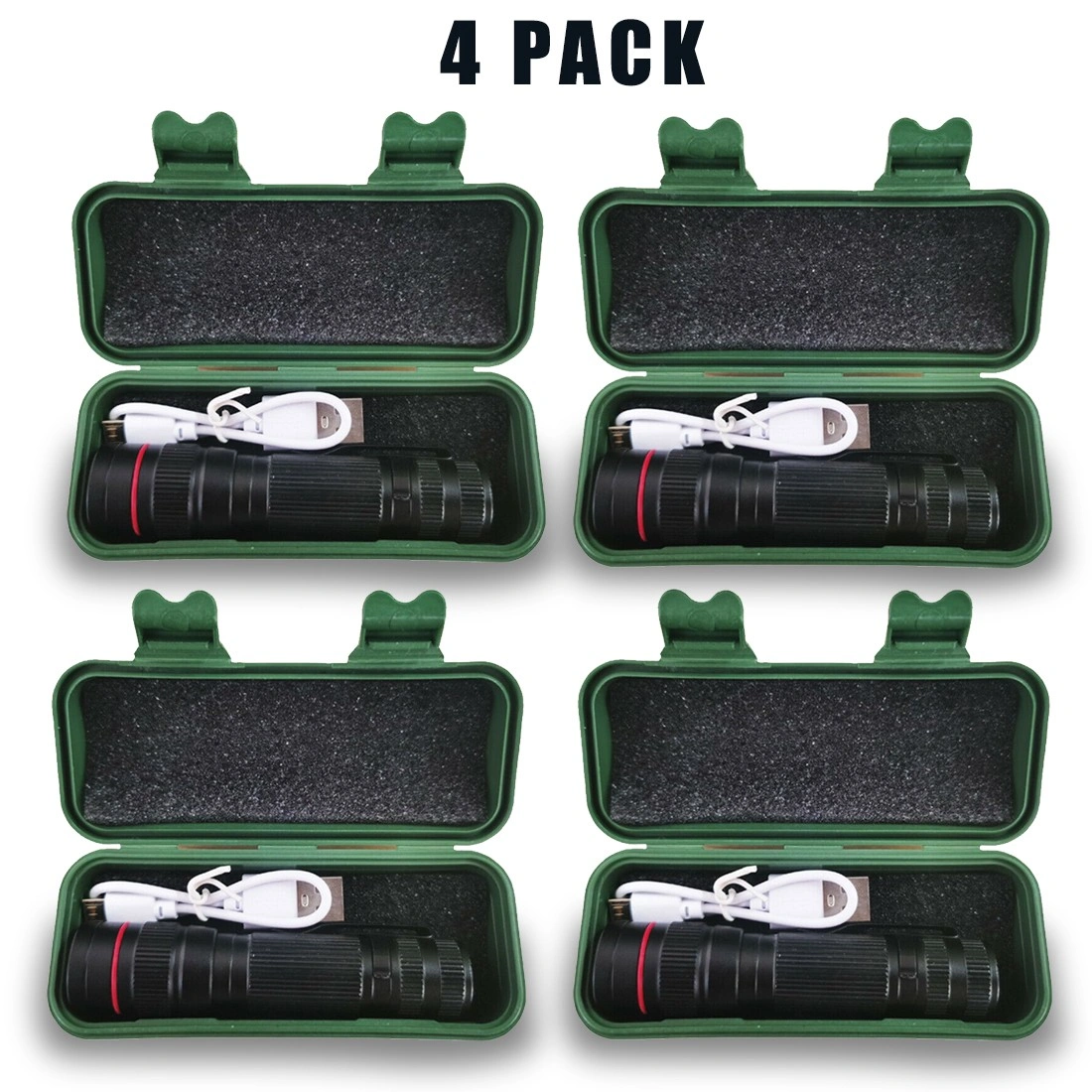 4 Pack Mini LED Flashlights USB Rechargeable, 3-Mode Adjustable Focus, Outdoor Portable Light with USB Cable & Box