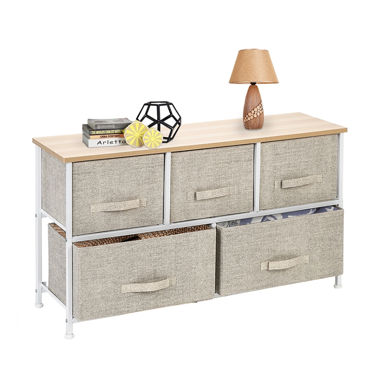 2-Tier Wide Closet Dresser Tower, 5-Drawer Nursery Organizer with Metal Frame, Multi-Purpose Fabric Drawer Unit for Closet, Dorm, Living Room, Hallway, Linen/Natural