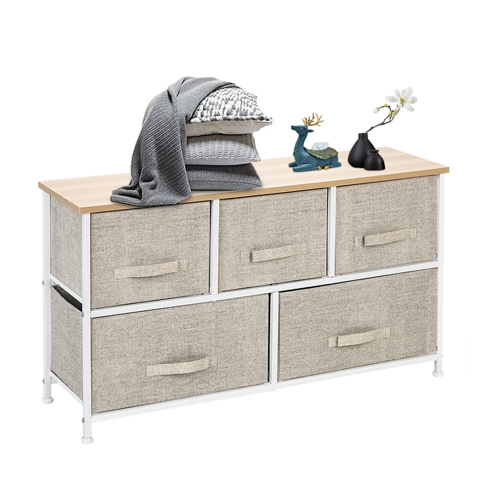 2-Tier Wide Closet Dresser Tower, 5-Drawer Nursery Organizer with Metal Frame, Multi-Purpose Fabric Drawer Unit for Closet, Dorm, Living Room, Hallway, Linen/Natural view 3