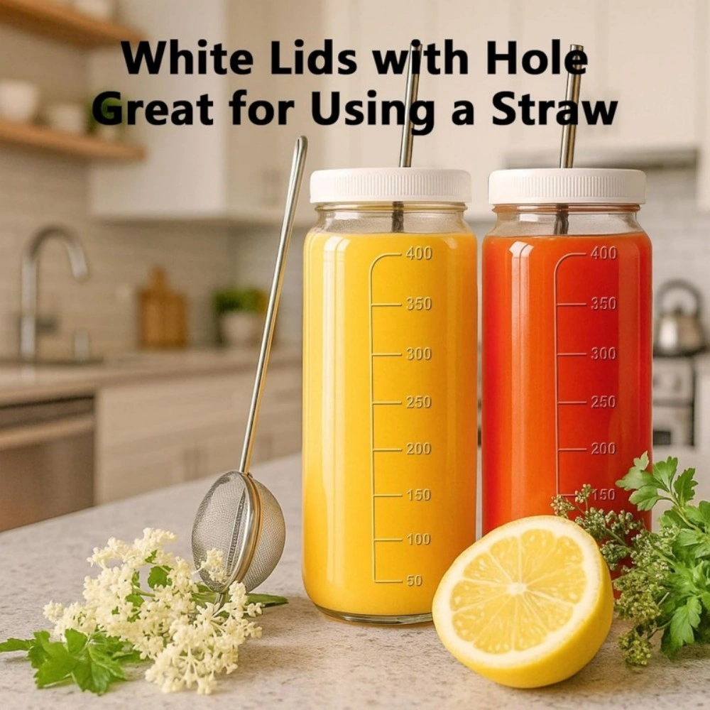 4 Pack 16oz Glass Juice Bottles with Lids and Straws Reusable Smoothie Cup Set