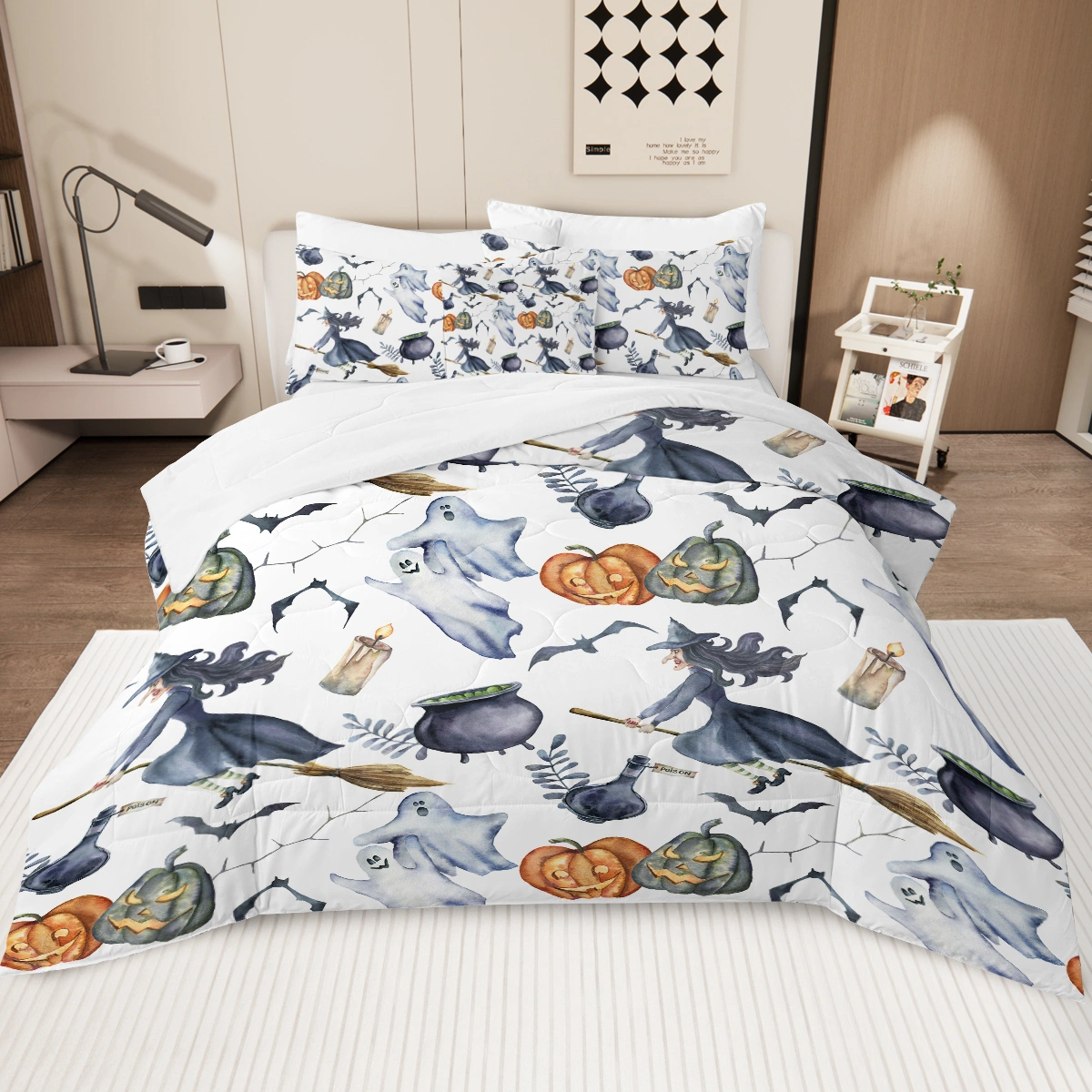 8PCS Halloween Comforter Set Bed in a Bag, Witch Pattern King Size Bedding Set with 1 Comforter, 2 Pillow Shams, Sheets & Cushion Cover