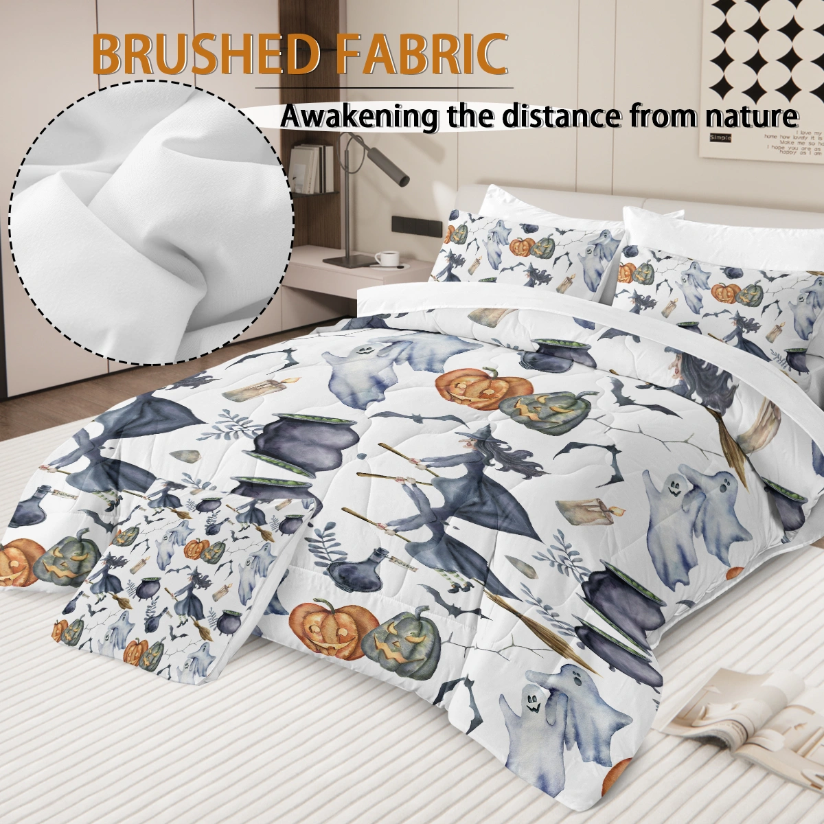 8PCS Halloween Comforter Set Bed in a Bag, Witch Pattern King Size Bedding Set with 1 Comforter, 2 Pillow Shams, Sheets & Cushion Cover view 2